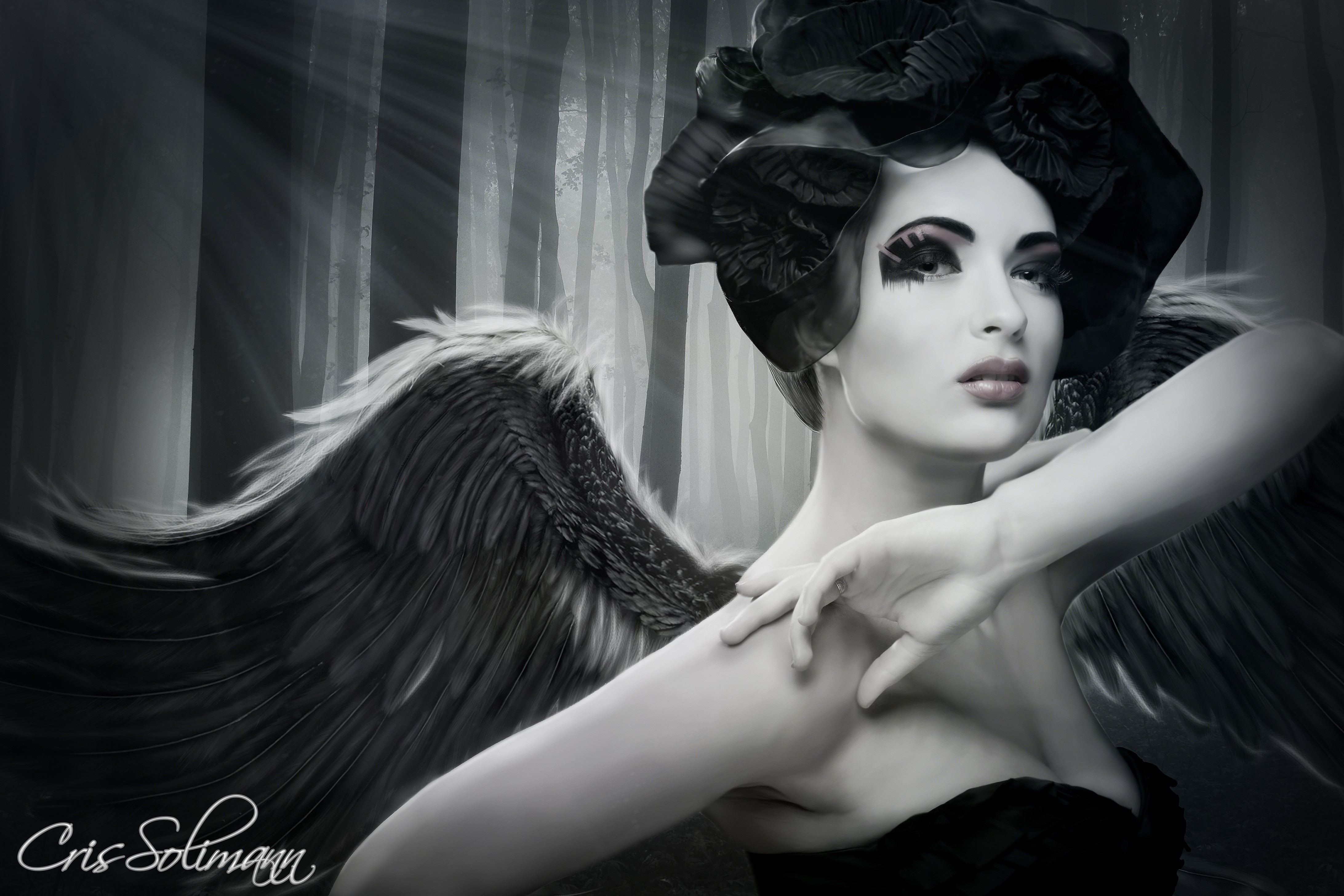 Angel with black wings in a forest HD Wallpaper