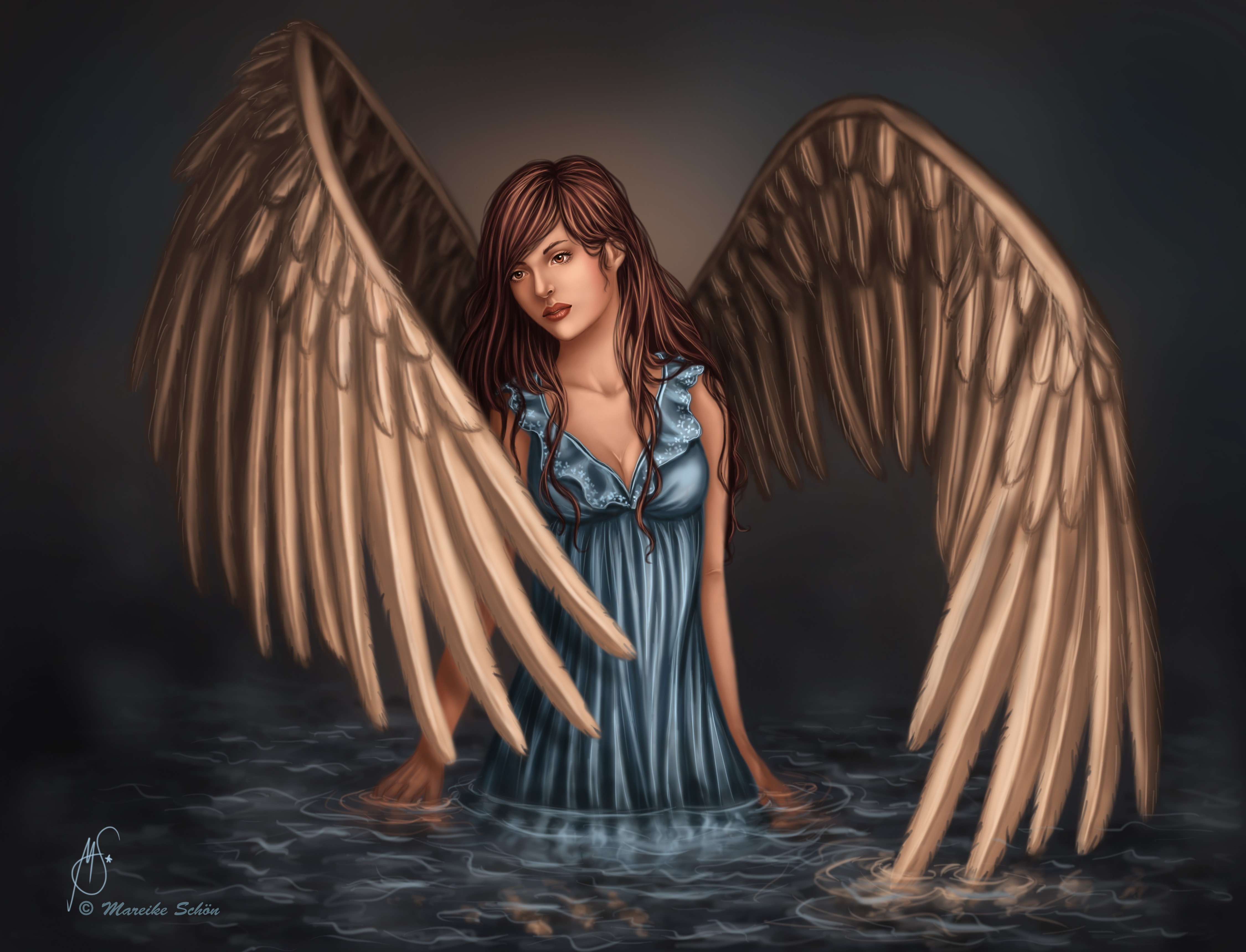 Angel with wings in water HD Wallpaper