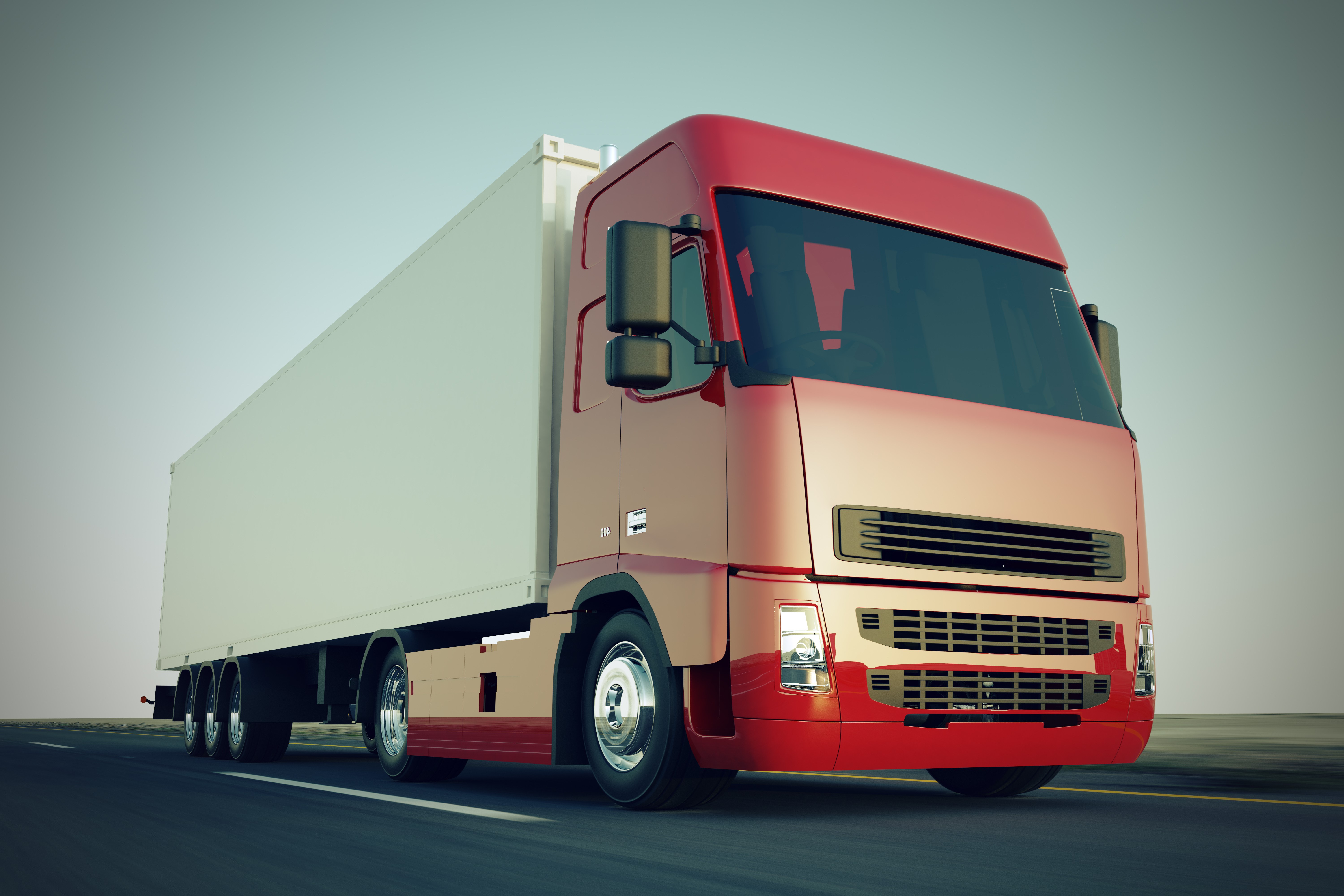 Red semi-truck with a white trailer on a road HD Wallpaper