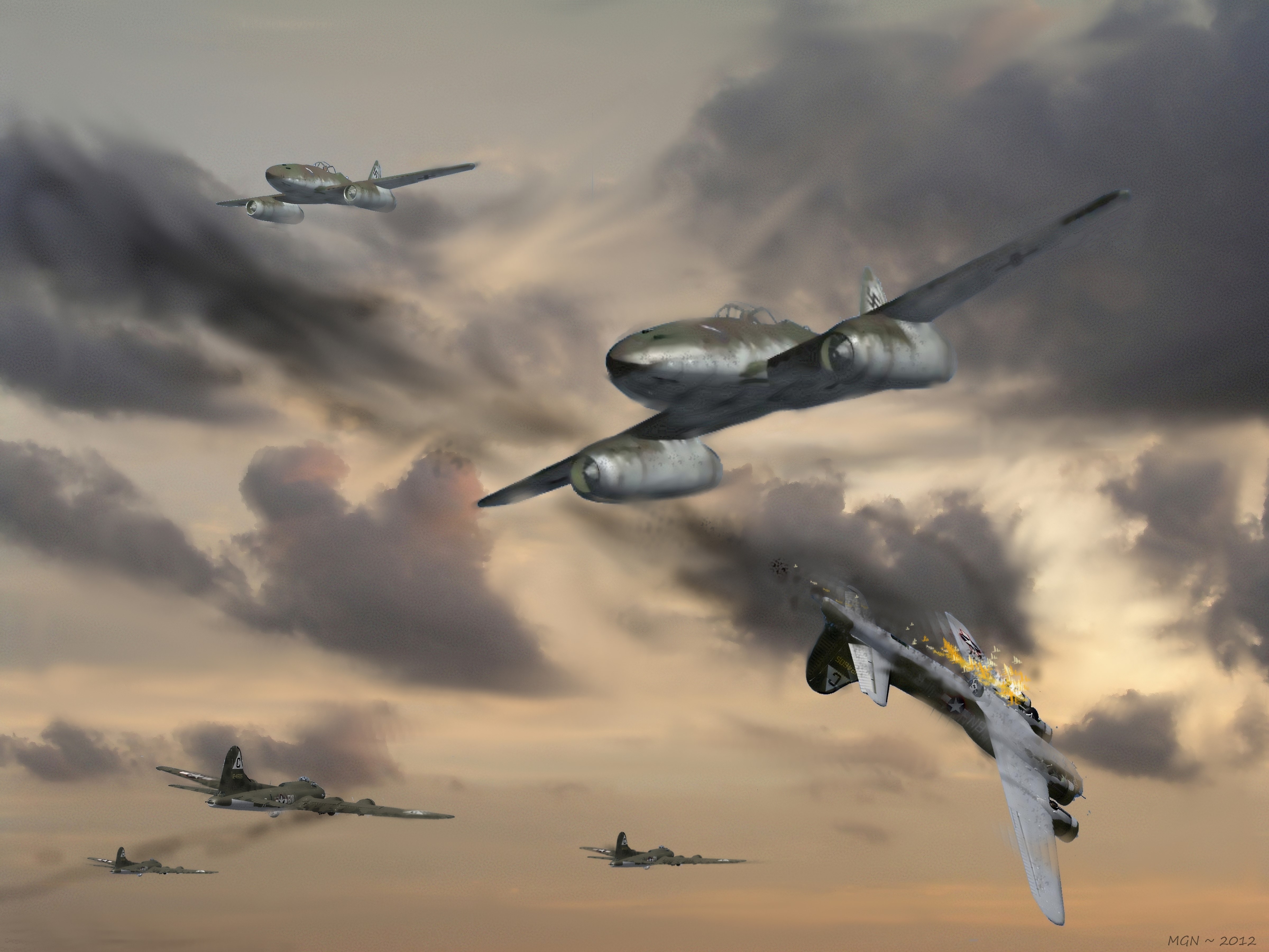 Me 262 vs B-17 Air Battle HD Wallpaper