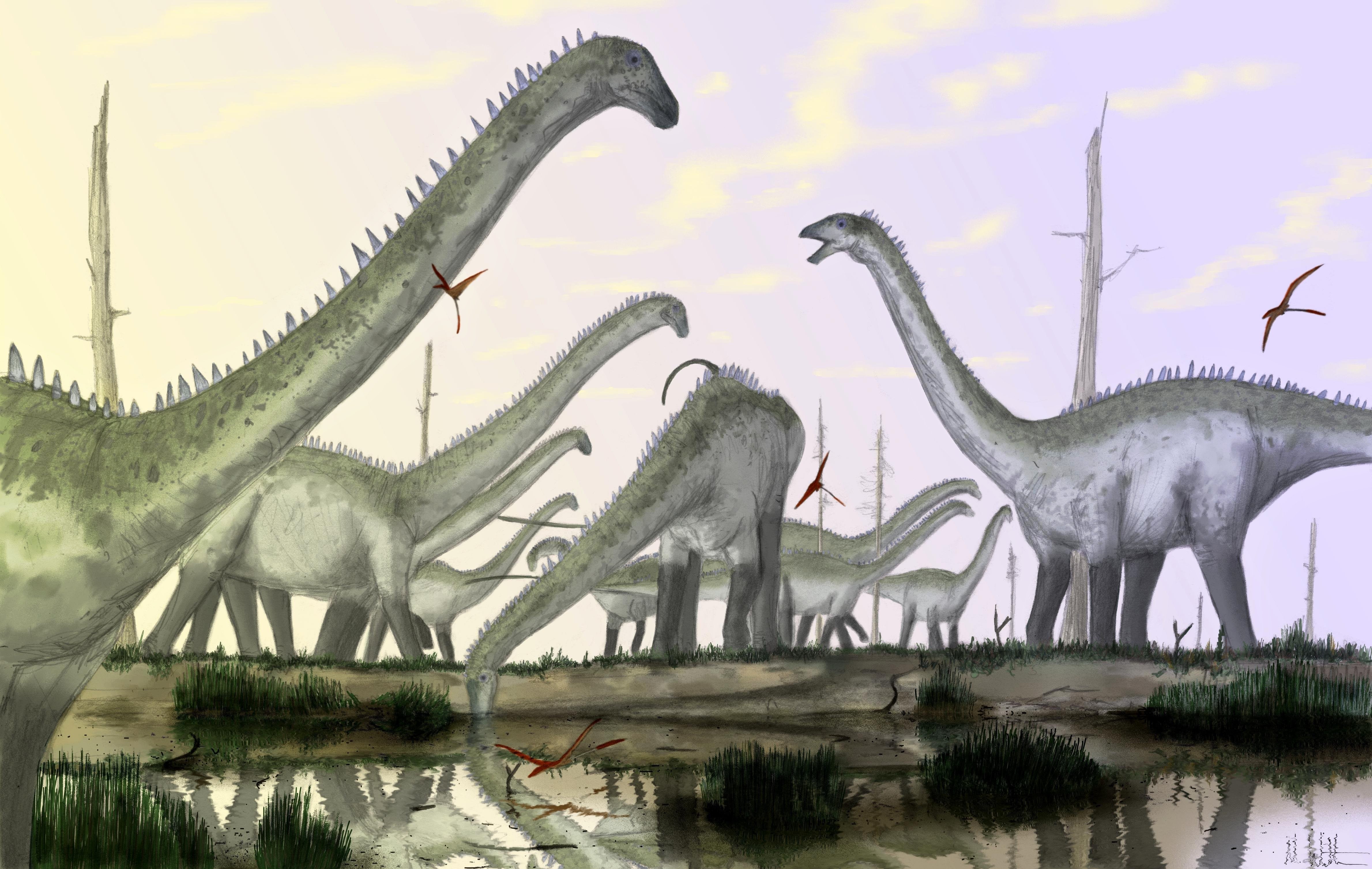 4K Diplodocus Dinosaurs in Marshland Painting HD Wallpaper