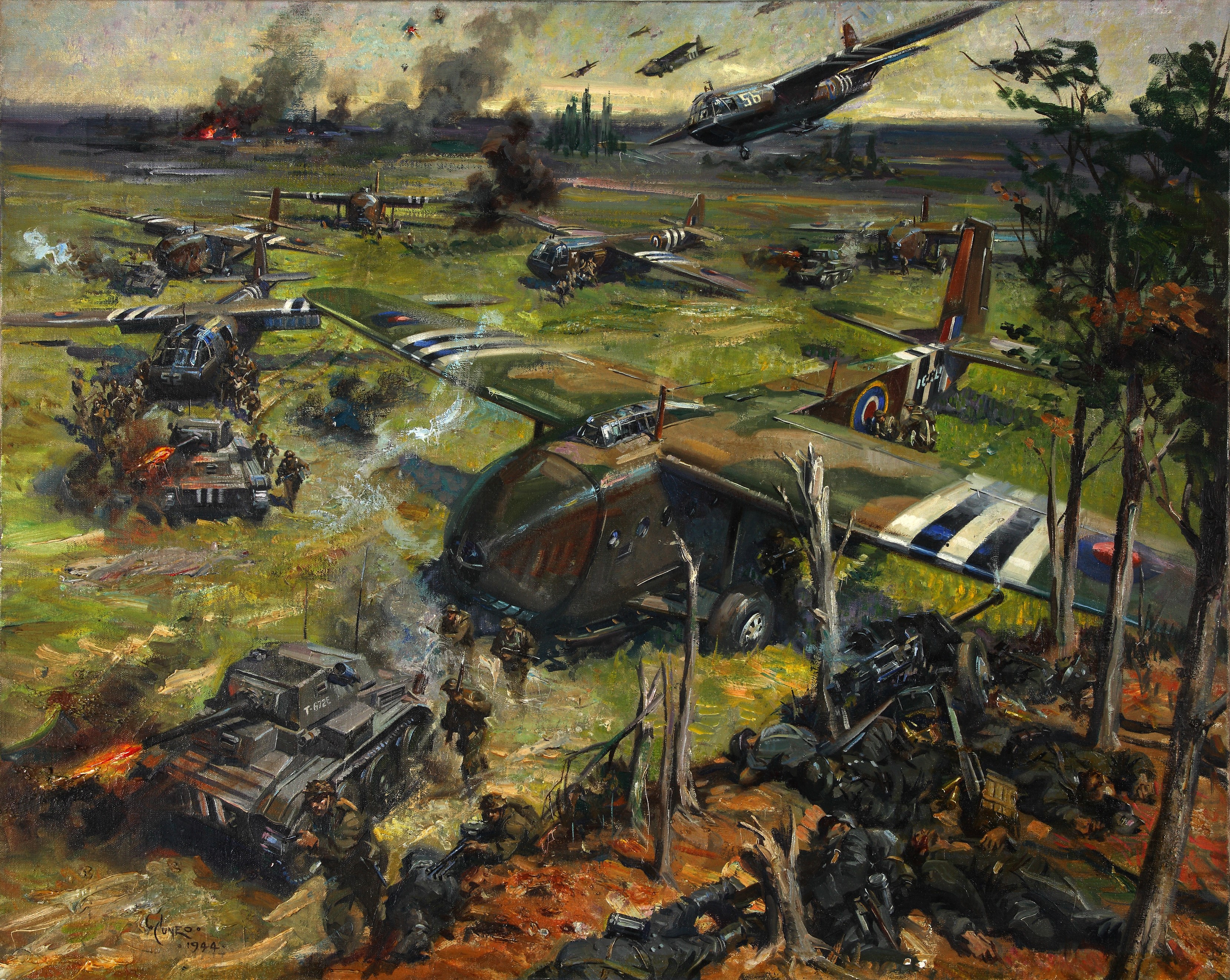 Terence Cuneo's Invasion Scene with Tanks and Airplanes HD Wallpaper