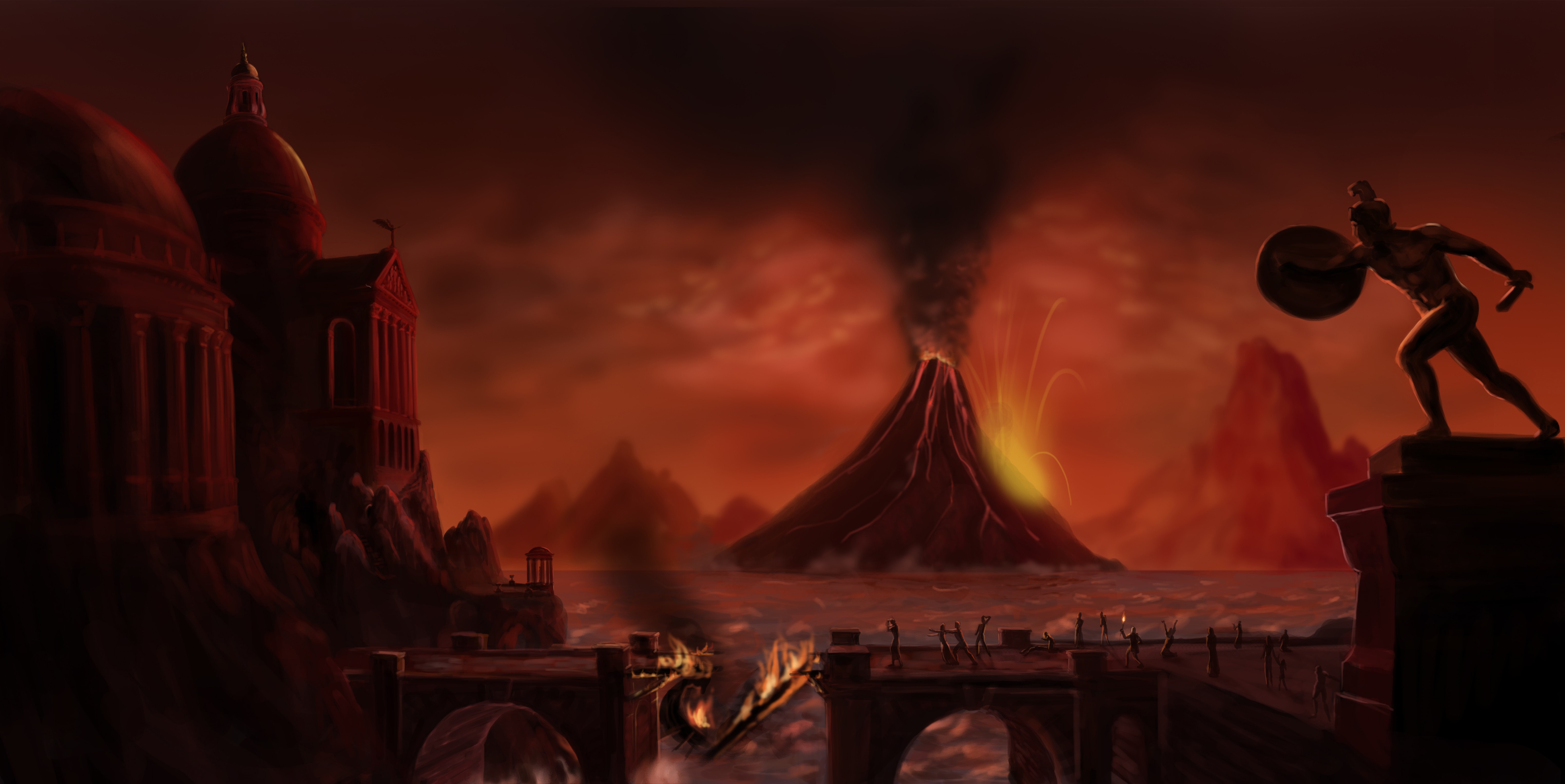Volcano eruption near ancient city with statue HD Wallpaper