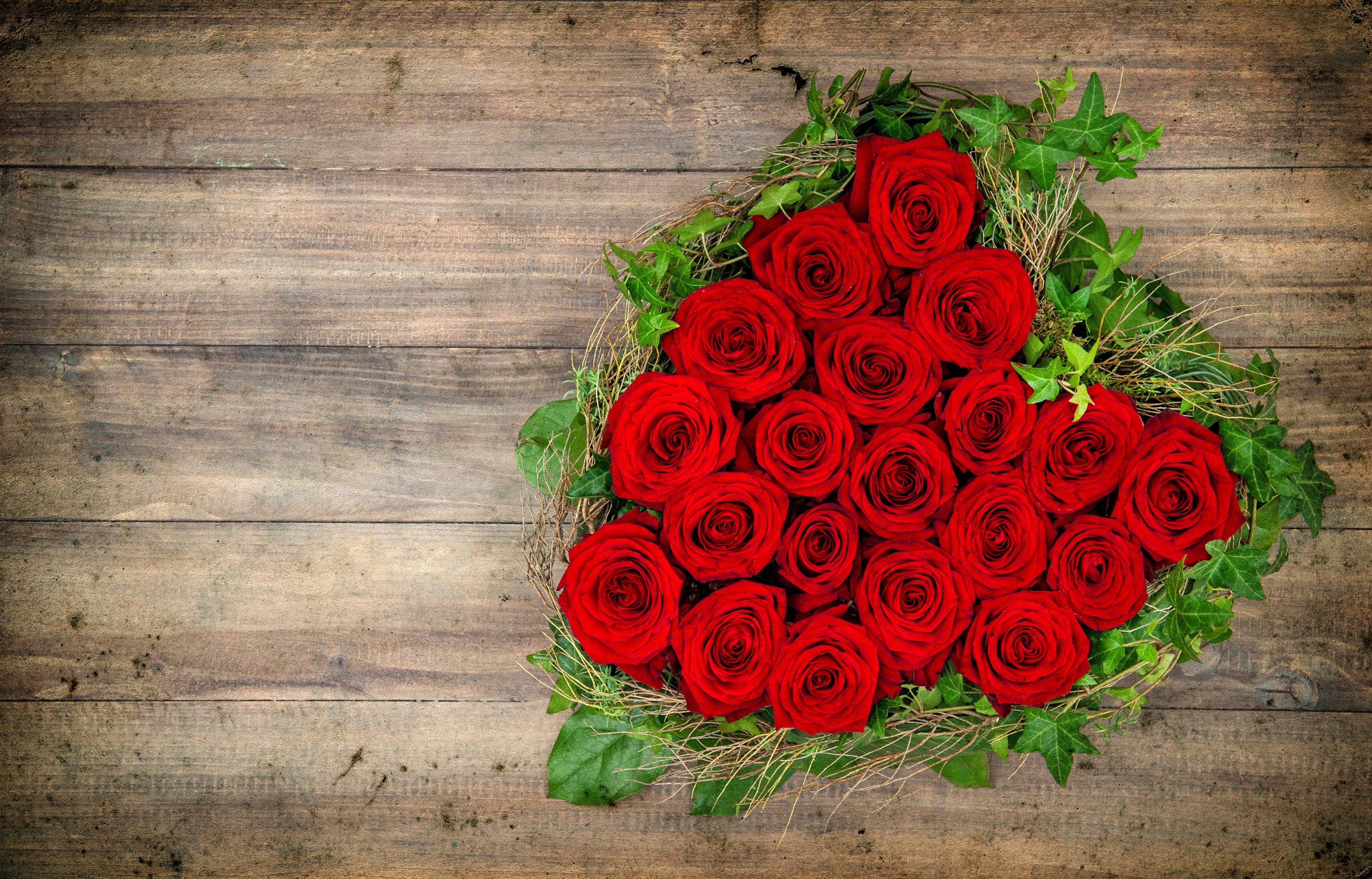Heart of Red Roses on Wooden Background HD Wallpaper