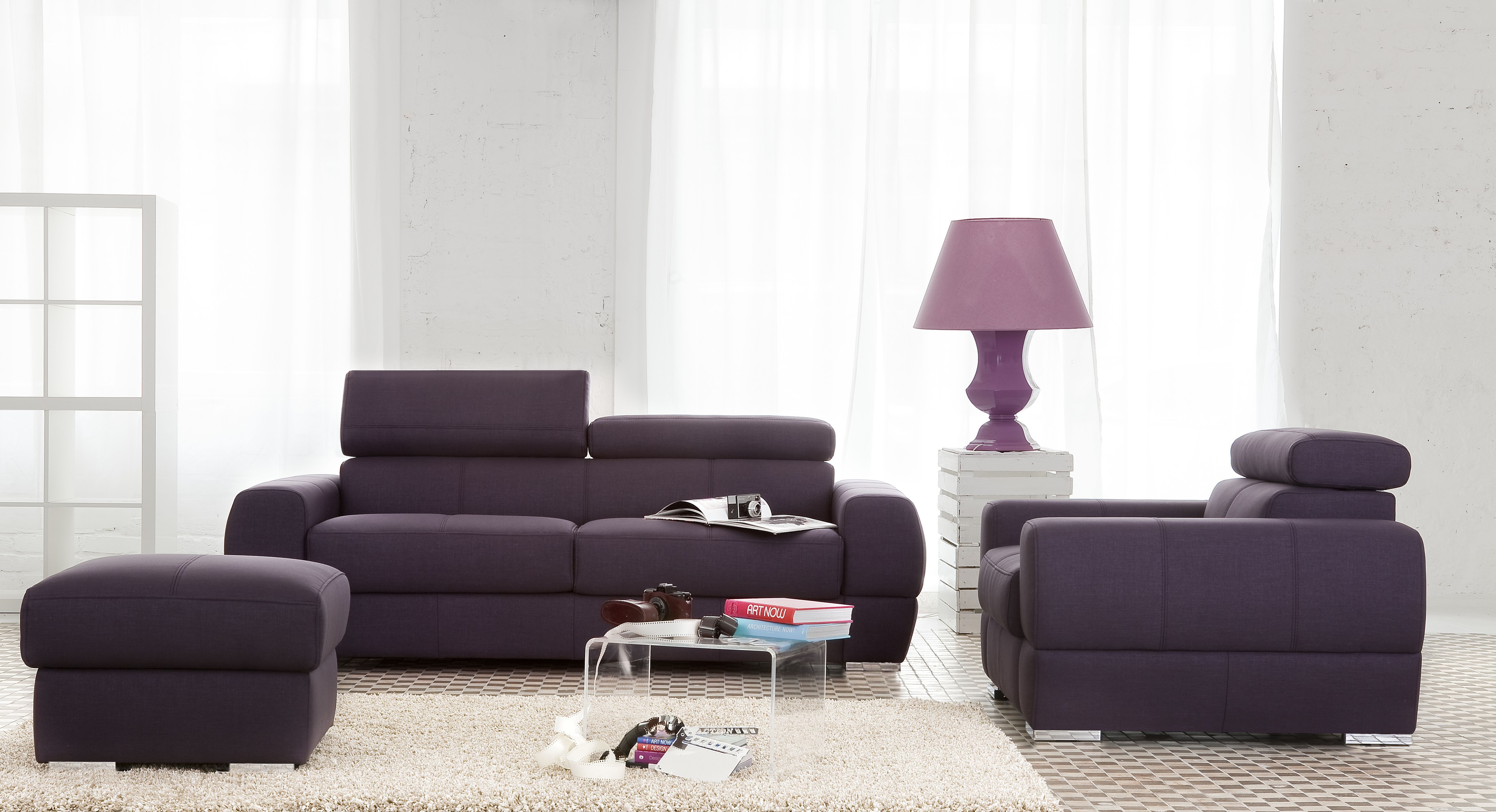 Purple Sofa and Armchair in a Living Room with Lamp HD Wallpaper