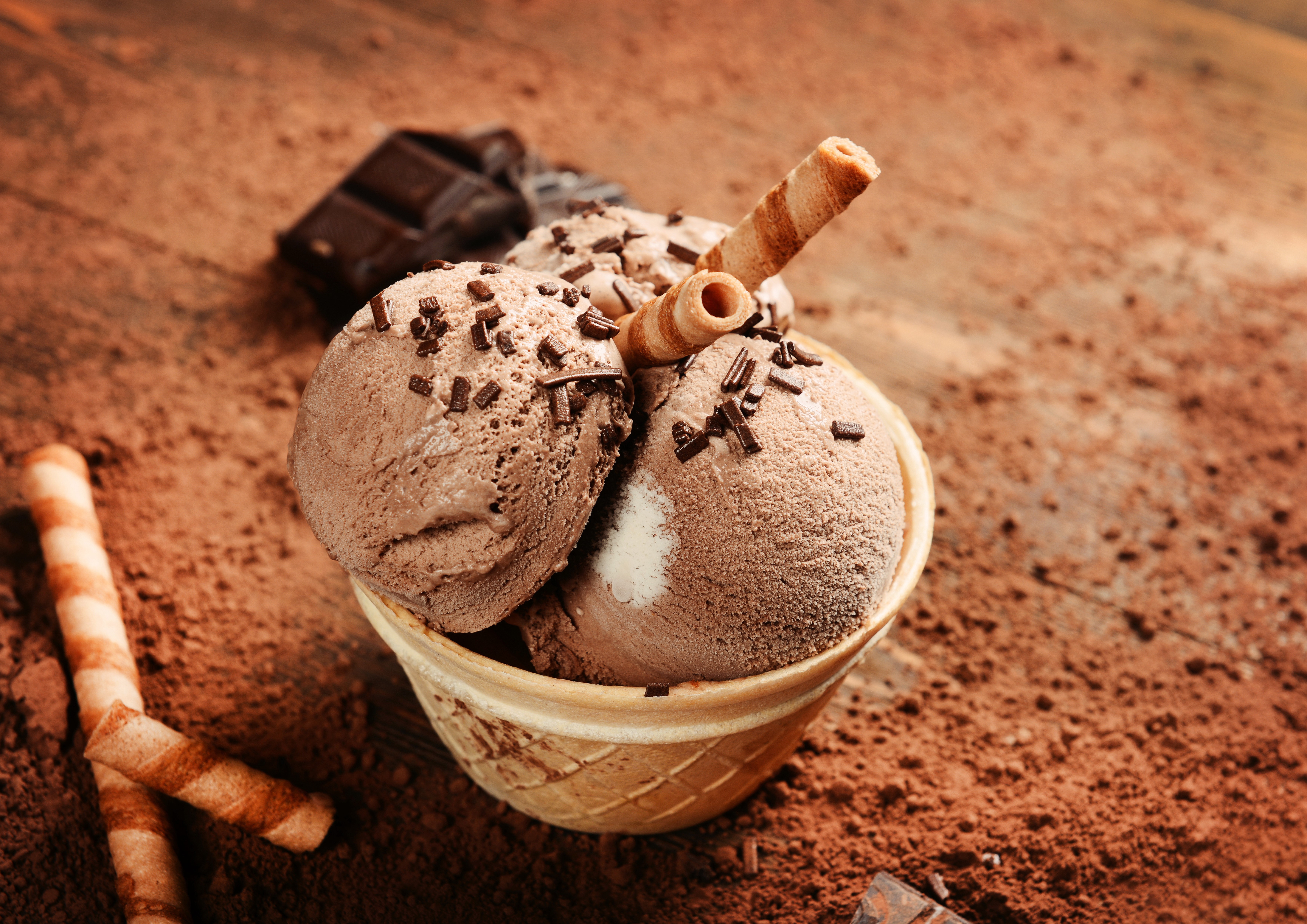 Chocolate ice cream in a cone with wafer sticks and chocolate chunks HD Wallpaper