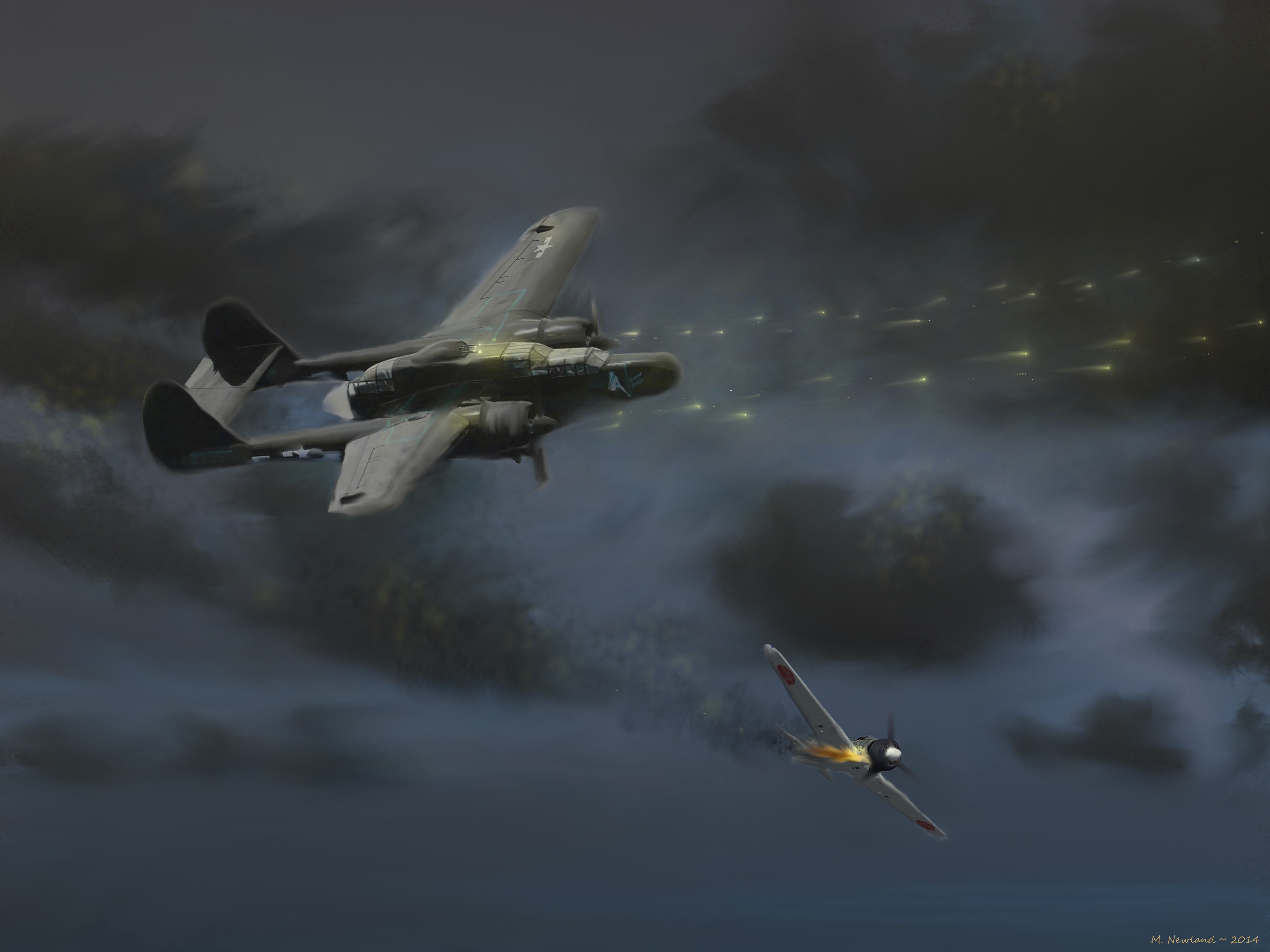P-61 Black Widow and Japanese Fighter in Combat HD Wallpaper
