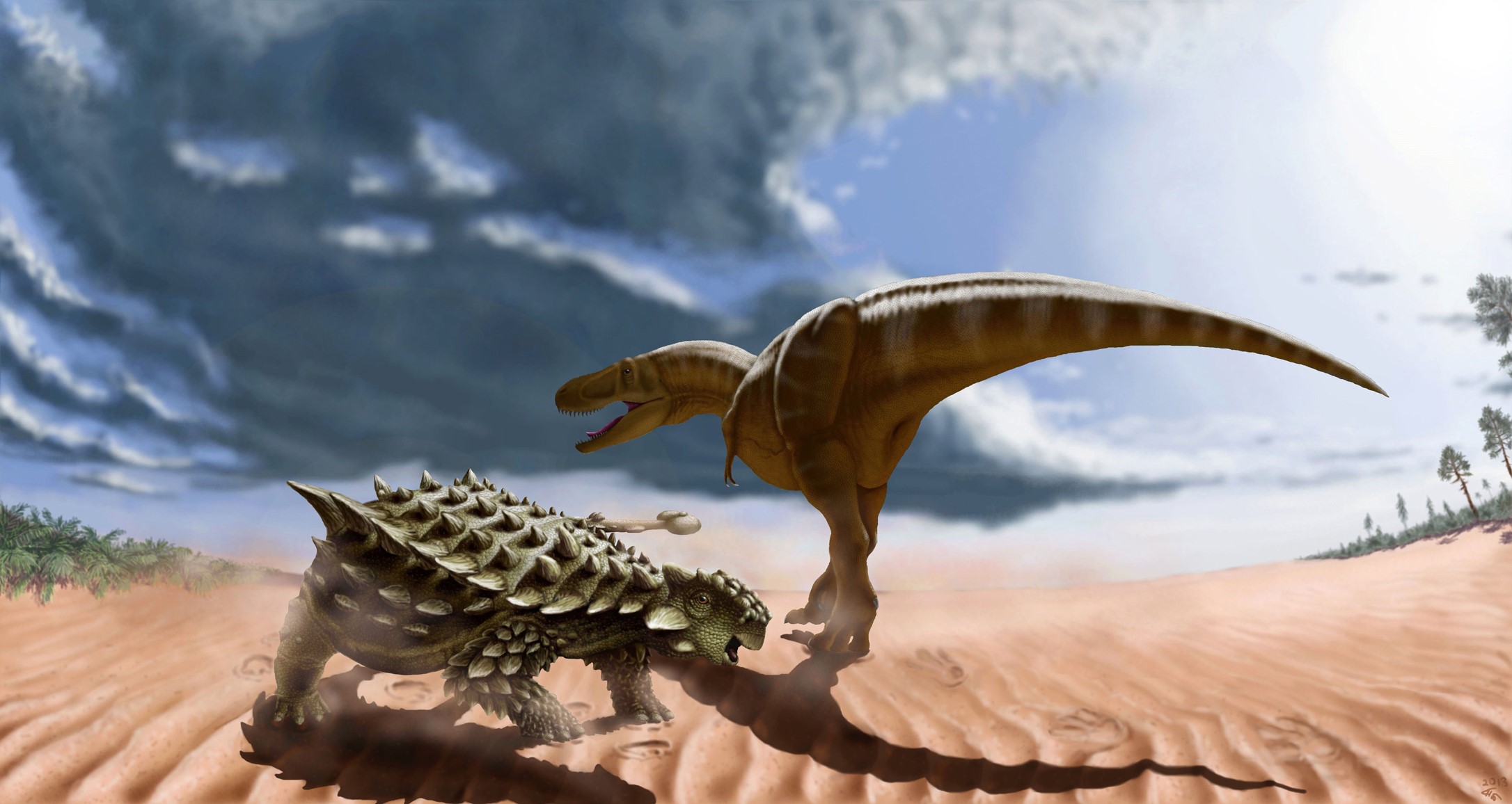 Tarbosaurus and Saichania dinosaurs in a desert HD Wallpaper