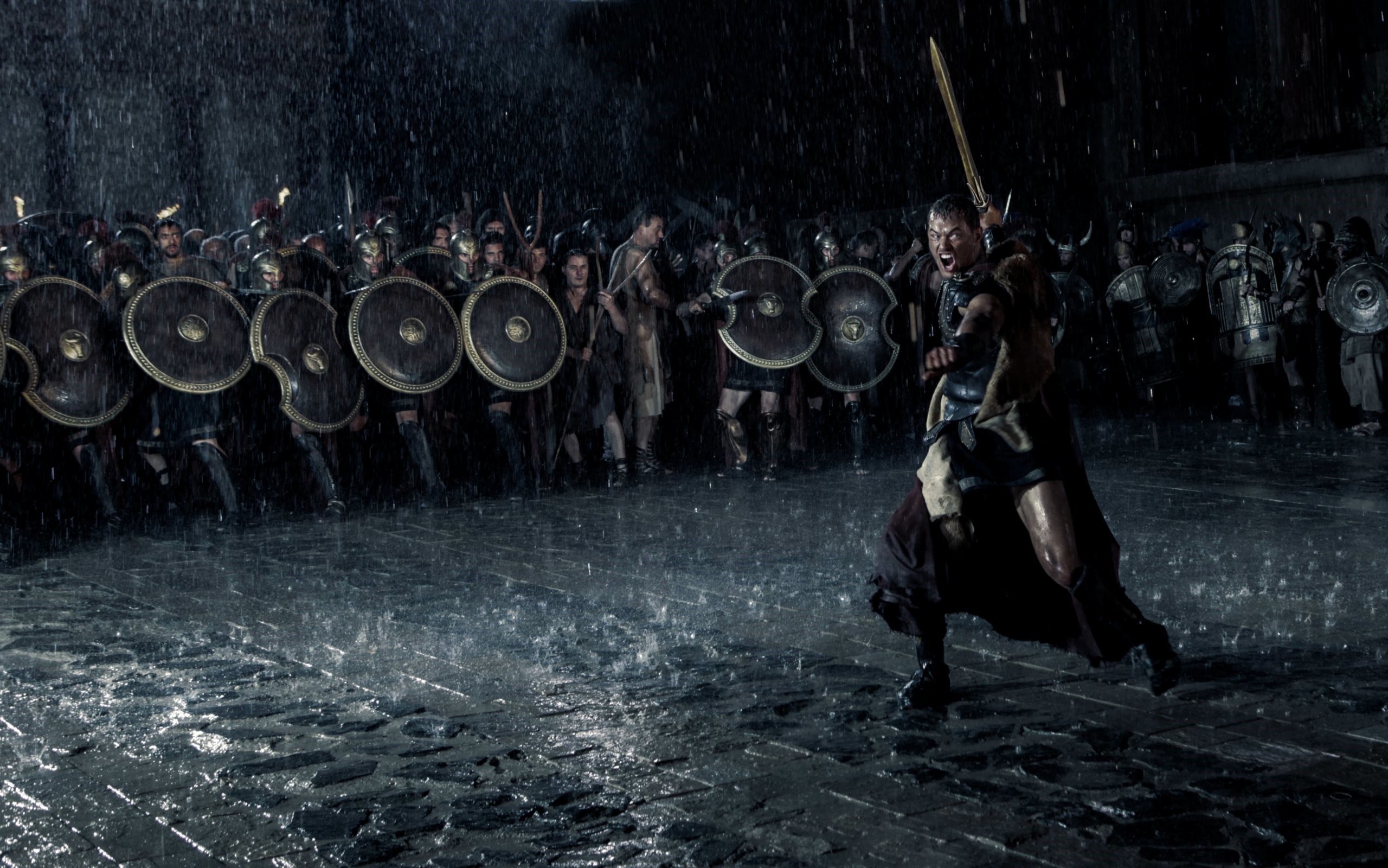 Warriors in the rain with swords and shields HD Wallpaper