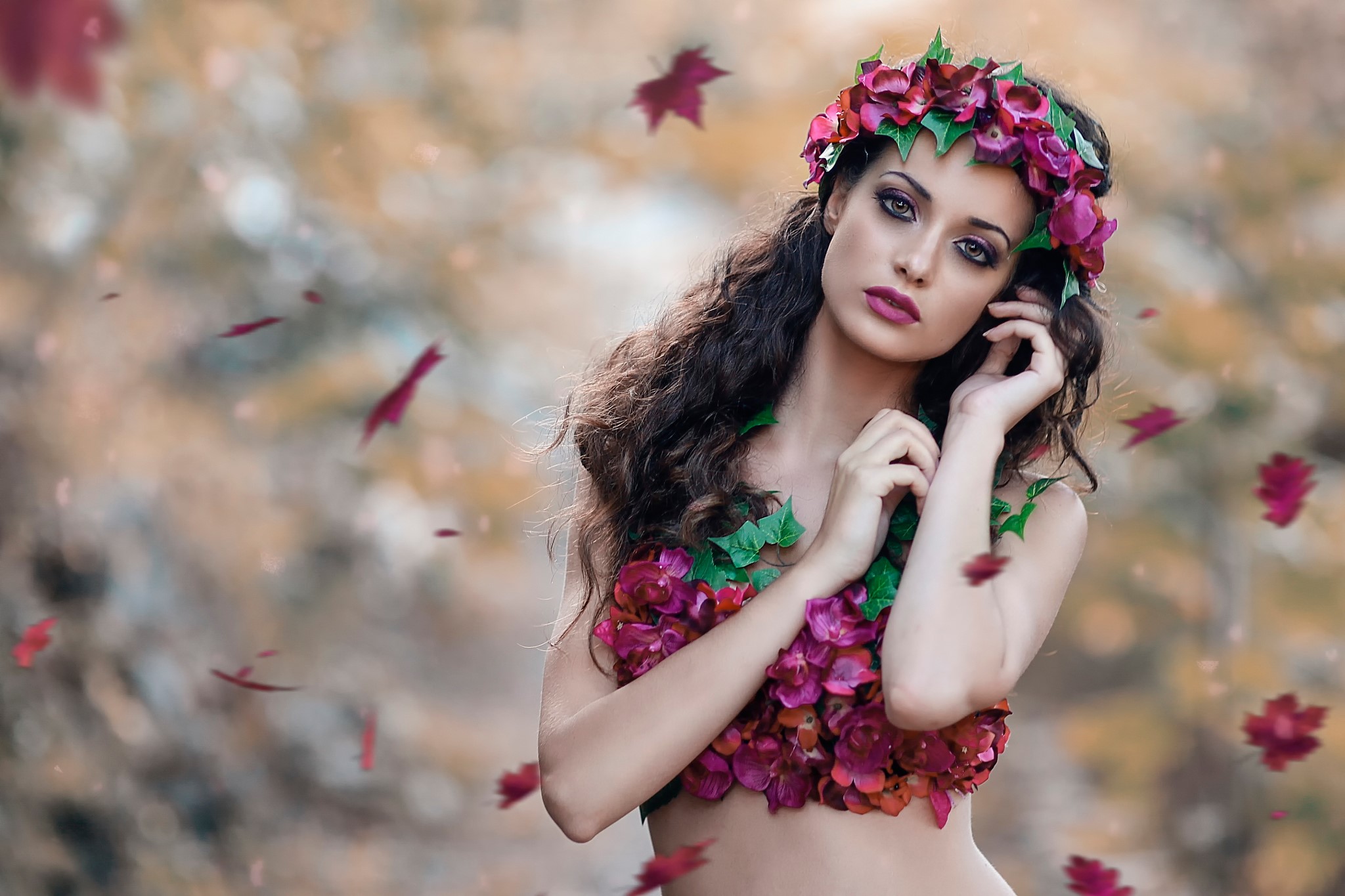 Brunette girl with flower crown and outfit HD Wallpaper
