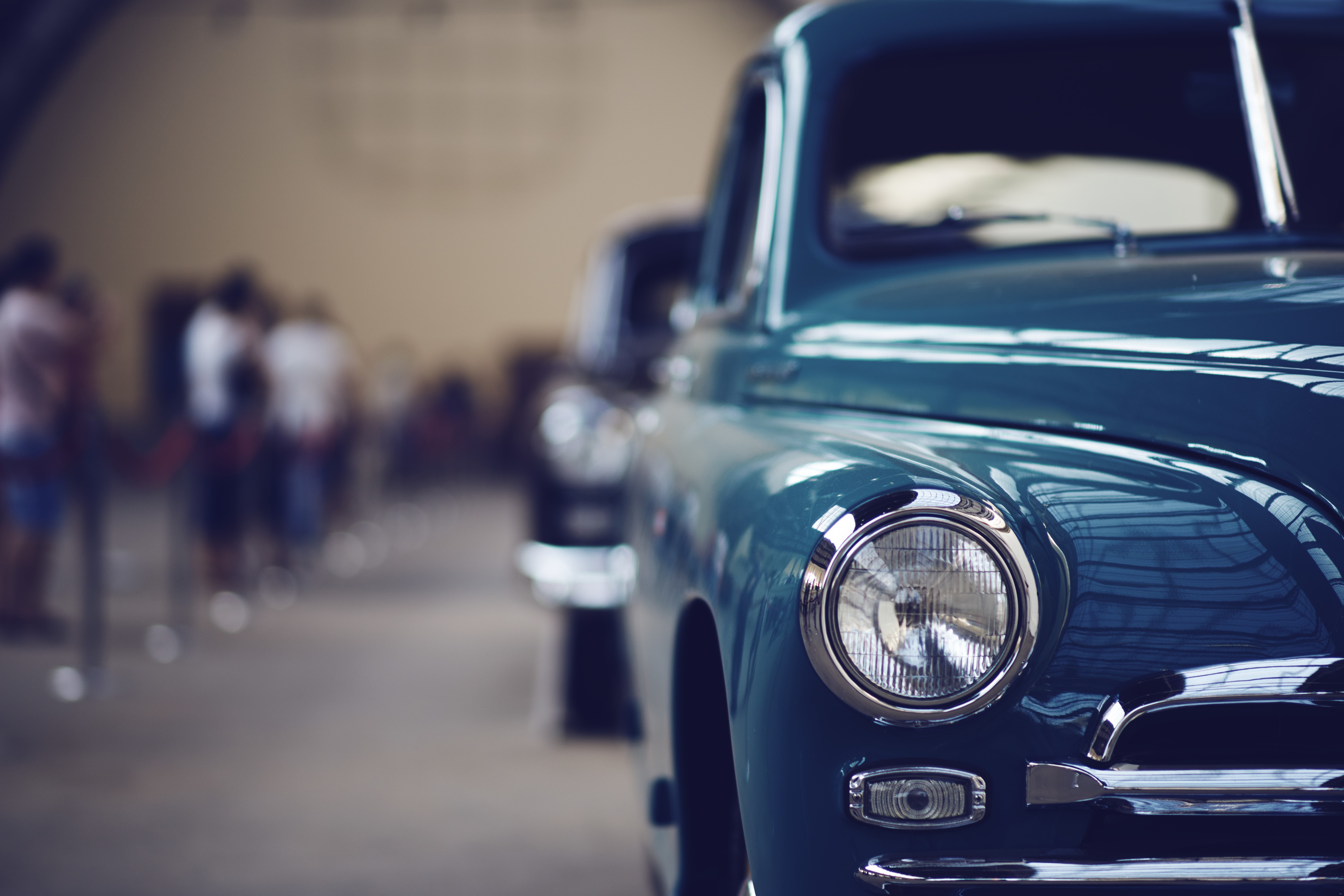 Retro teal car with chrome headlights HD Wallpaper