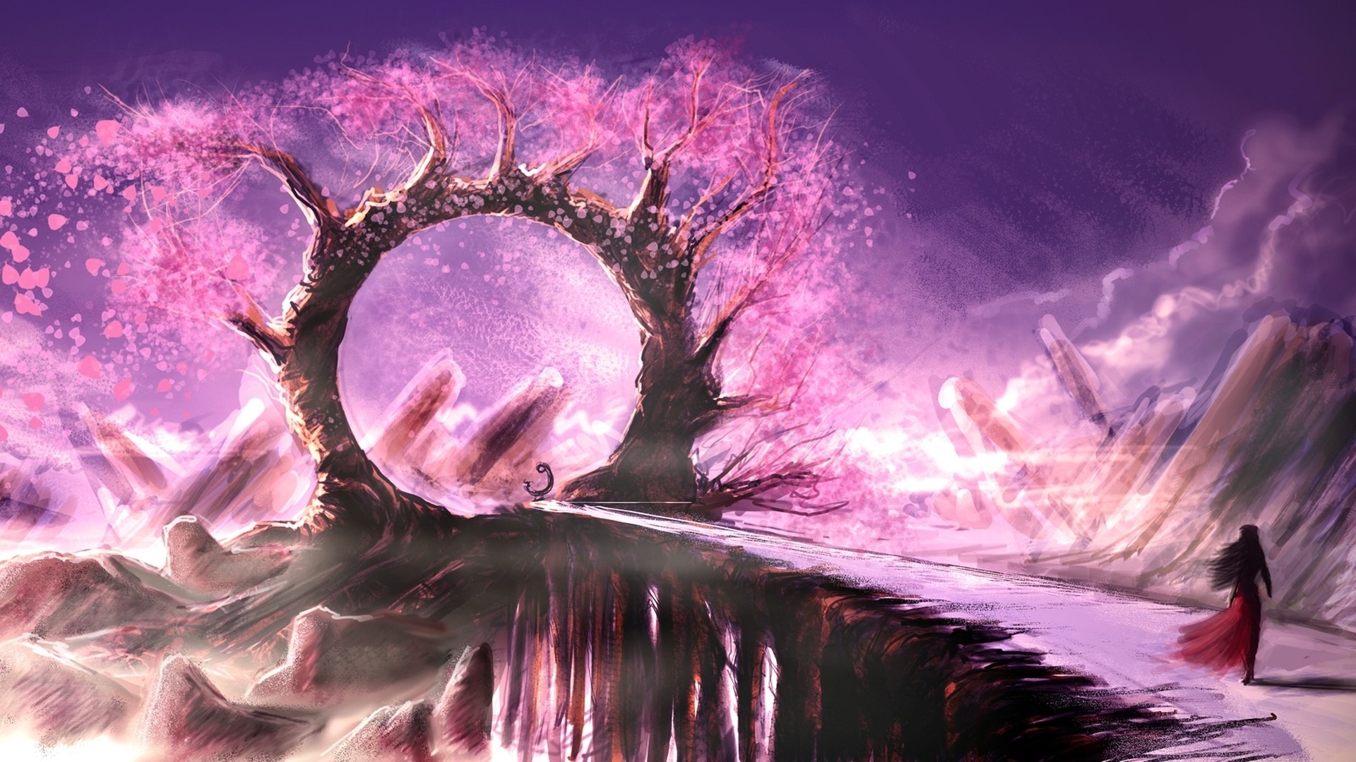 Fantasy landscape with cherry blossom trees and a portal HD Wallpaper