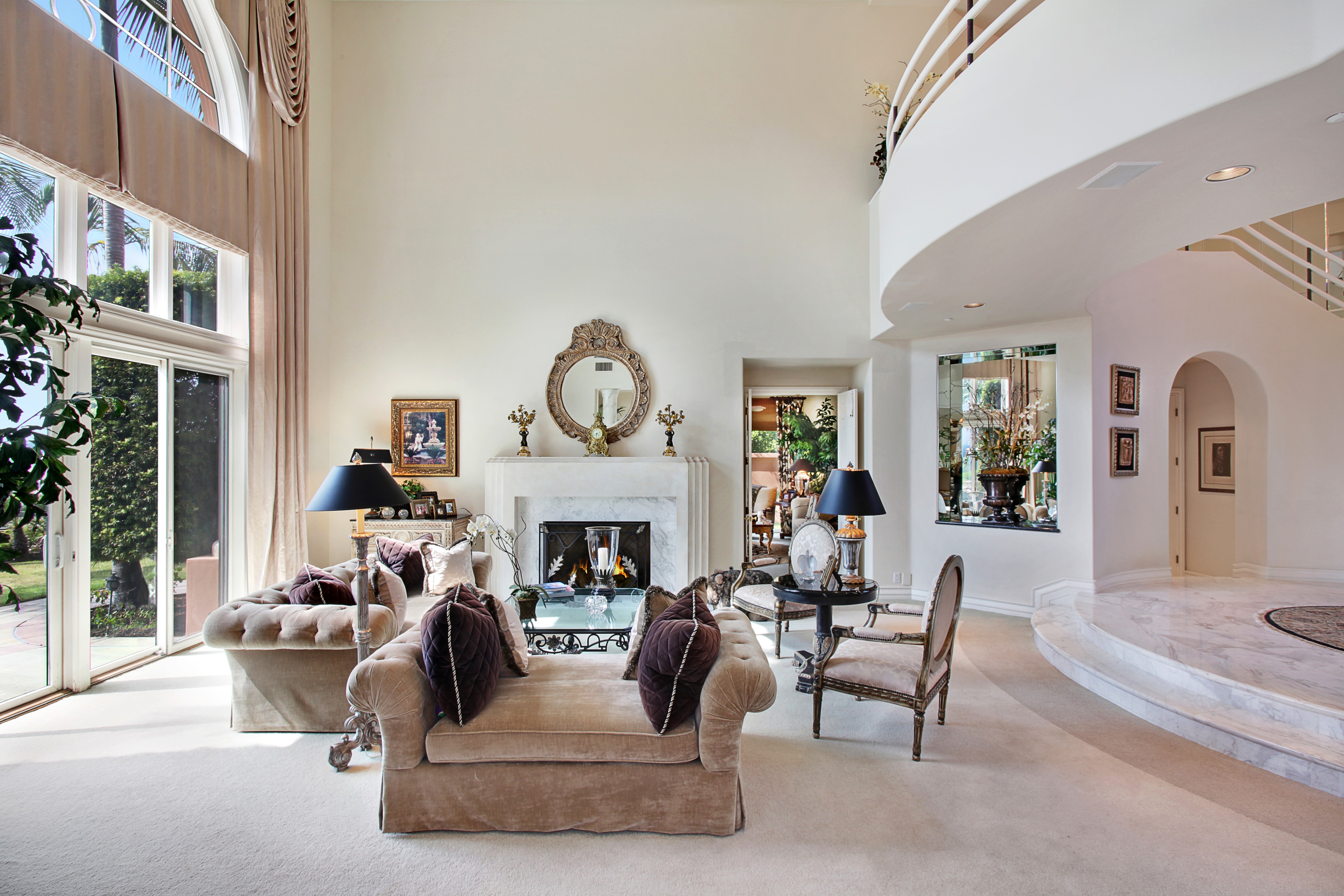 Luxury Living Room with Fireplace and Balcony HD Wallpaper