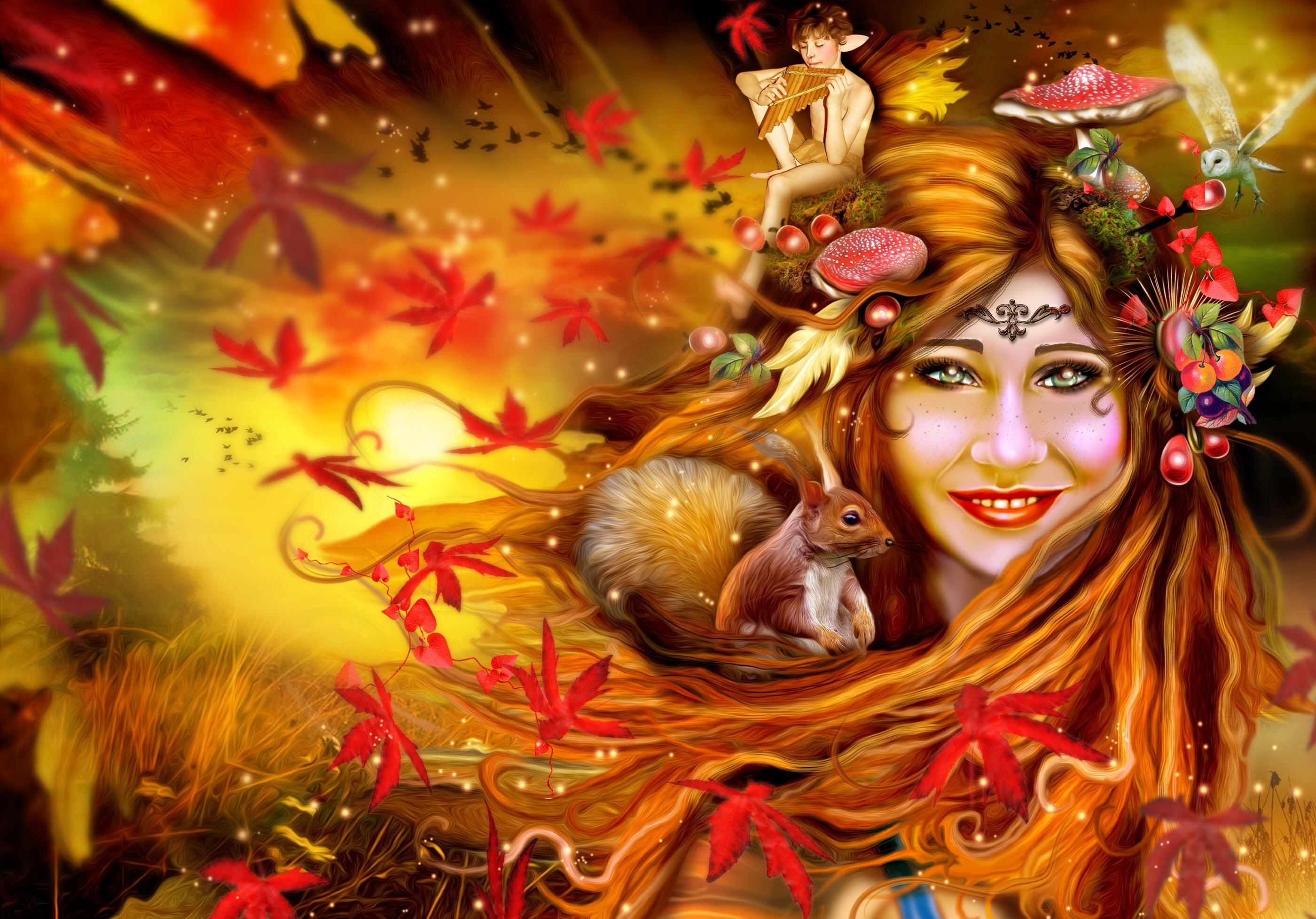 Autumn fairy with squirrel and elf playing pan flute HD Wallpaper