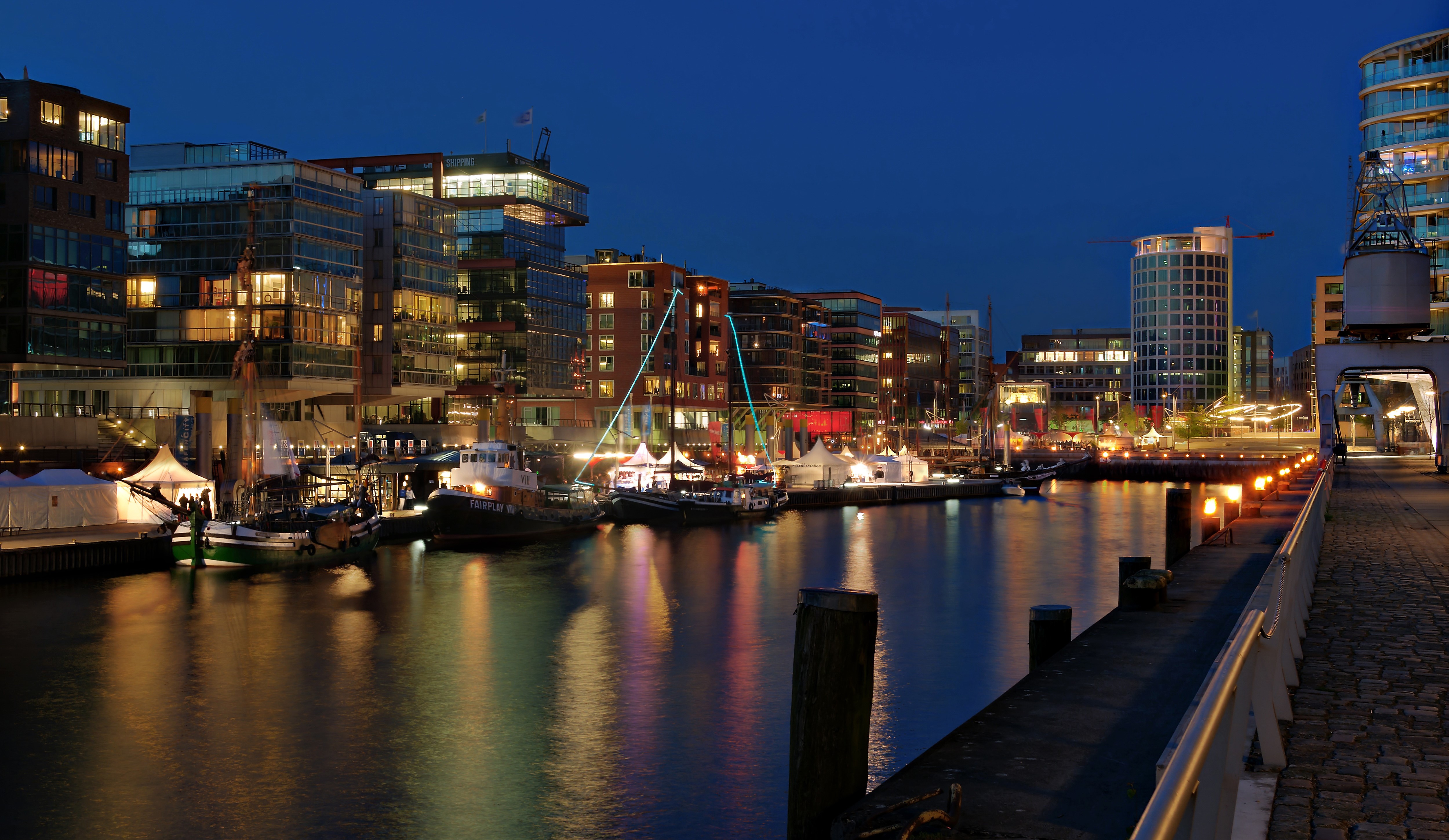 Hamburg Germany Harbor at Night with Boats and Buildings HD Wallpaper
