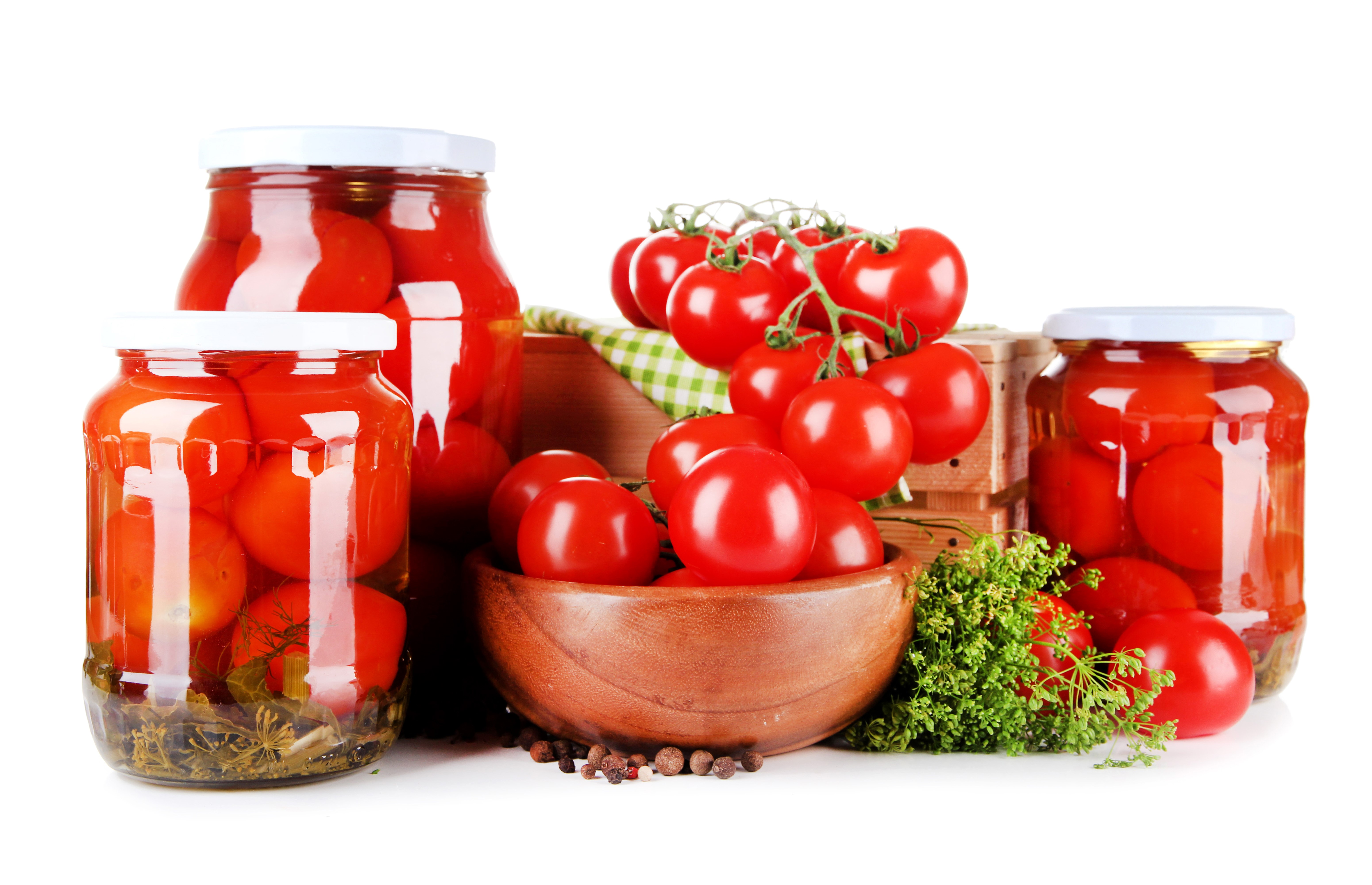 Preserved Tomatoes in Jars with Fresh Tomatoes and Dill HD Wallpaper
