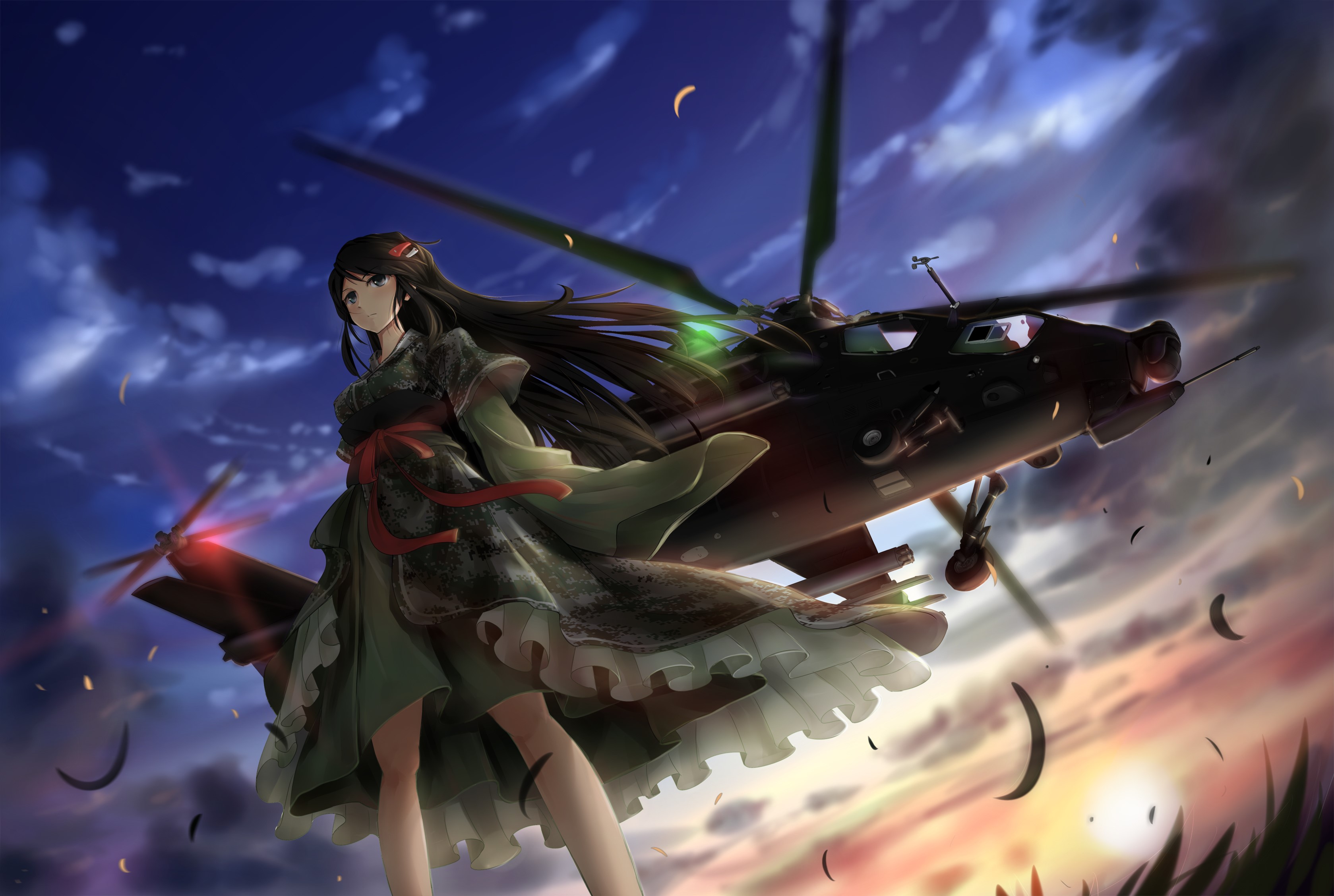 Girl in Kimono with Helicopter at Sunset HD Wallpaper