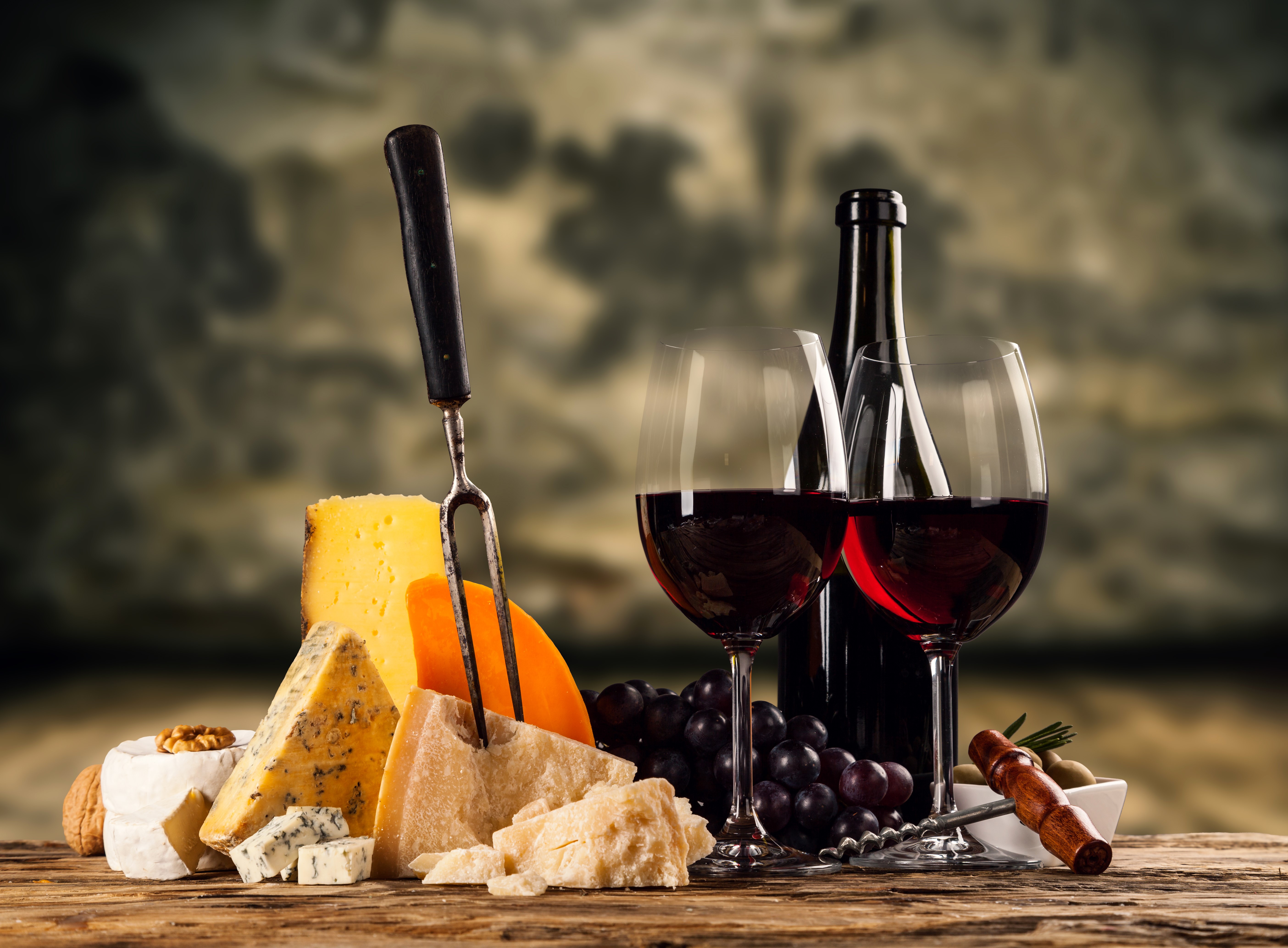 Still-life of wine, grapes, and cheese HD Wallpaper