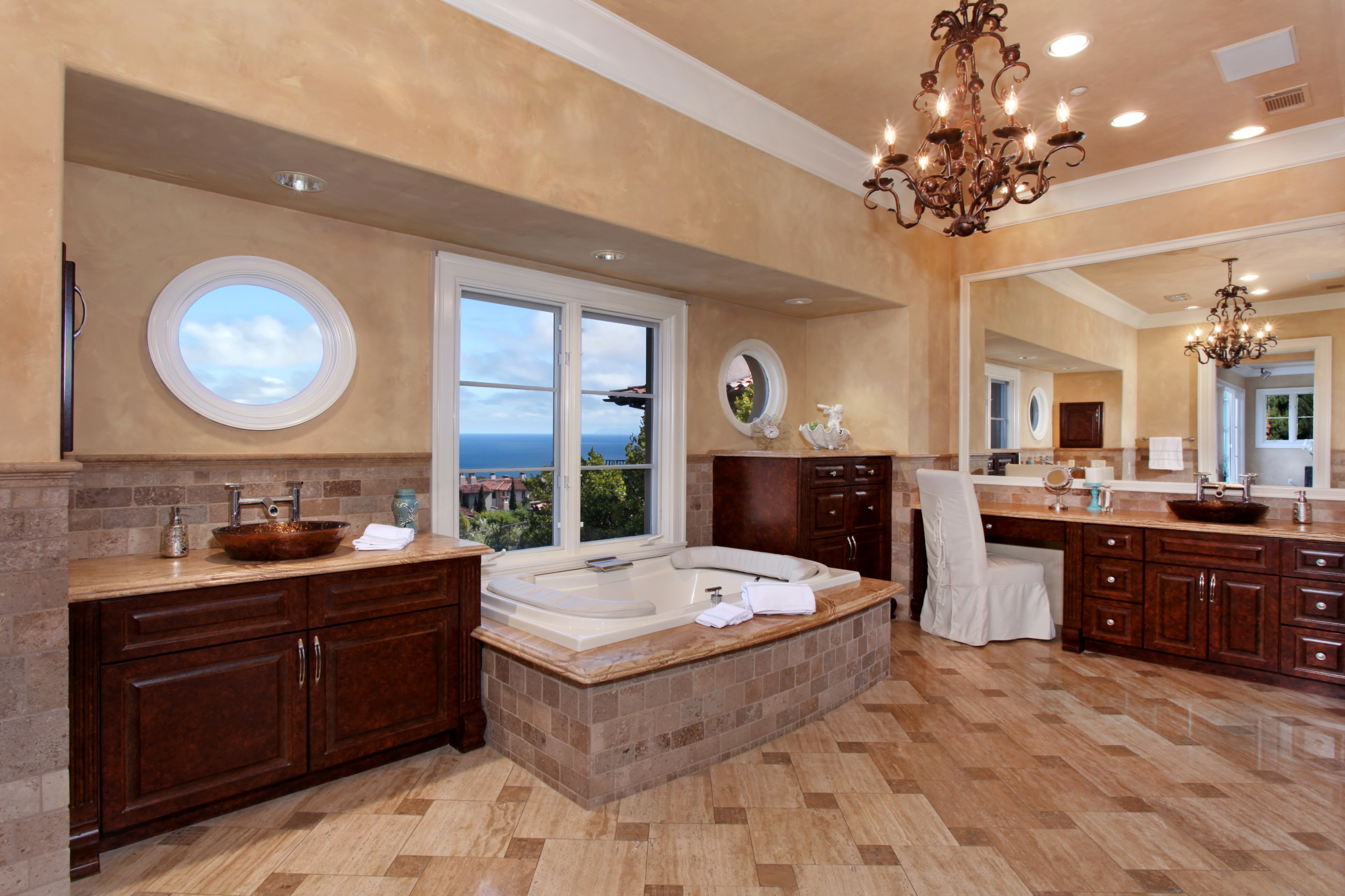 Bathroom with Chandelier and Ocean View HD Wallpaper