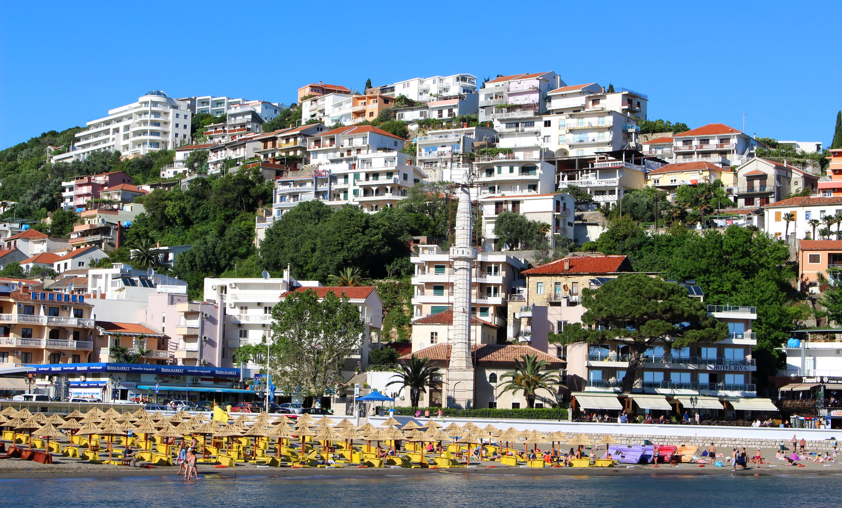 Ulcinj, Montenegro: Beachfront with Buildings on Hillside HD Wallpaper