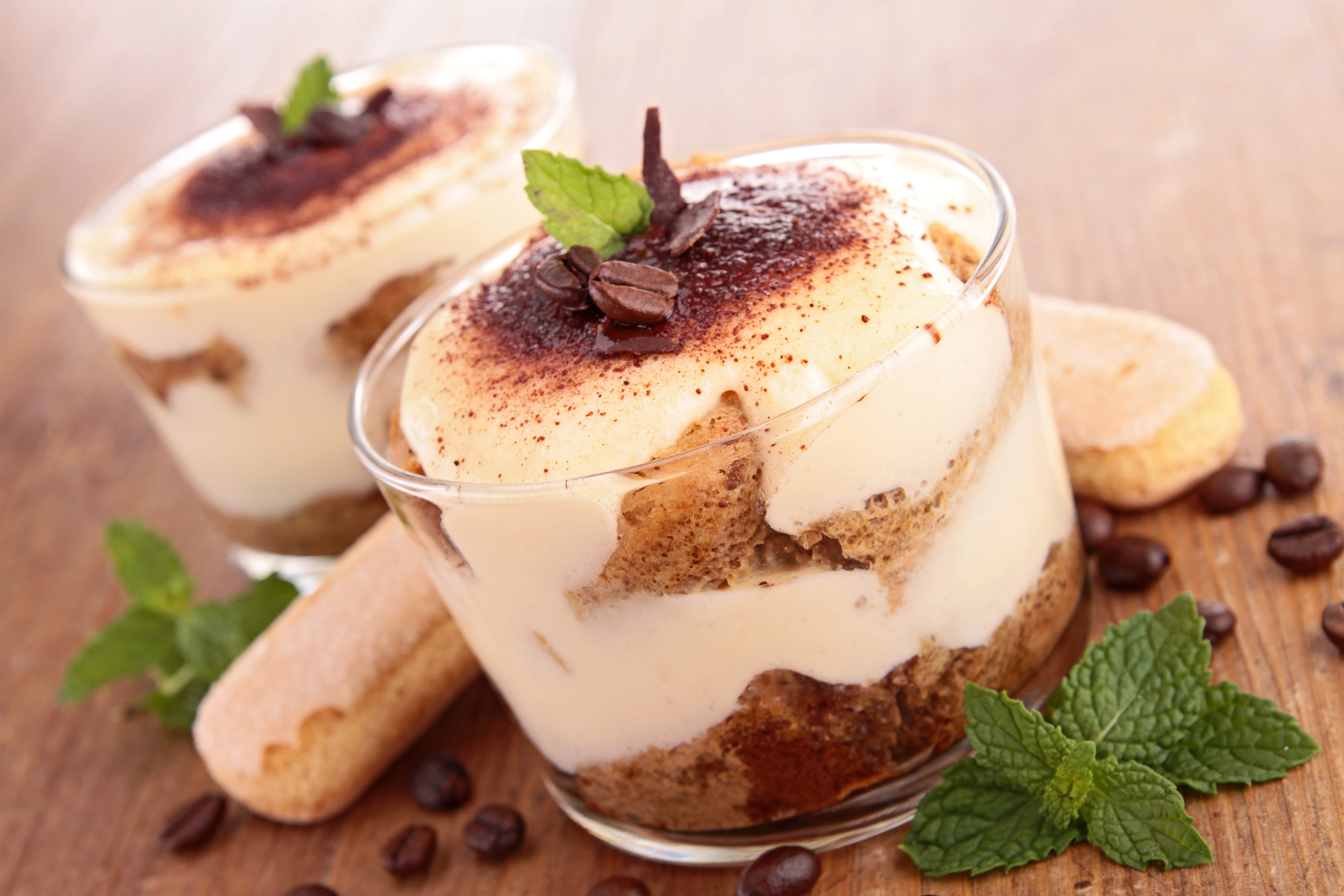 Tiramisu desserts with coffee beans and mint HD Wallpaper
