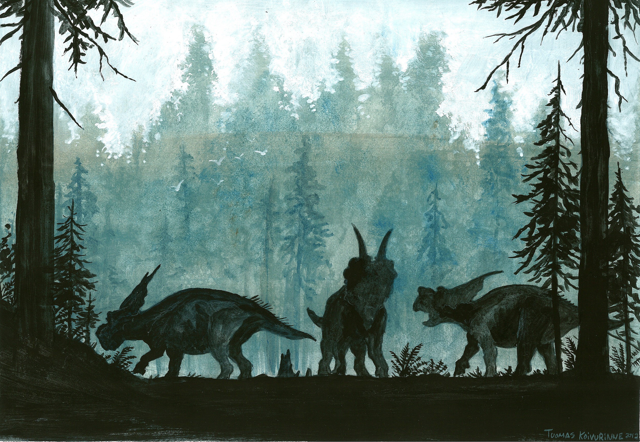 Achelousaurus dinosaurs in a prehistoric forest HD Wallpaper