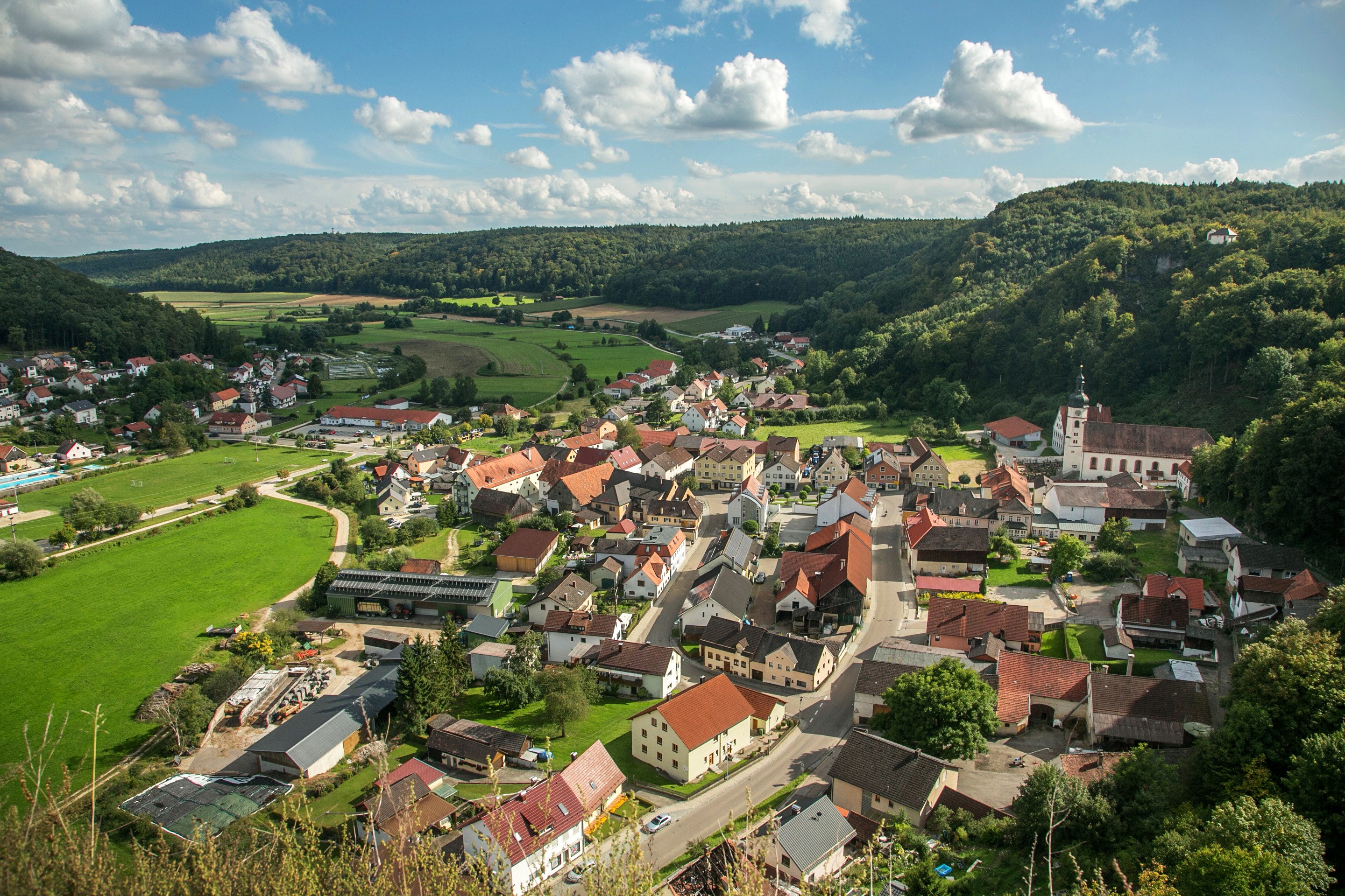 Aerial view of Wellheim, Bavaria, Germany with houses and fields HD Wallpaper