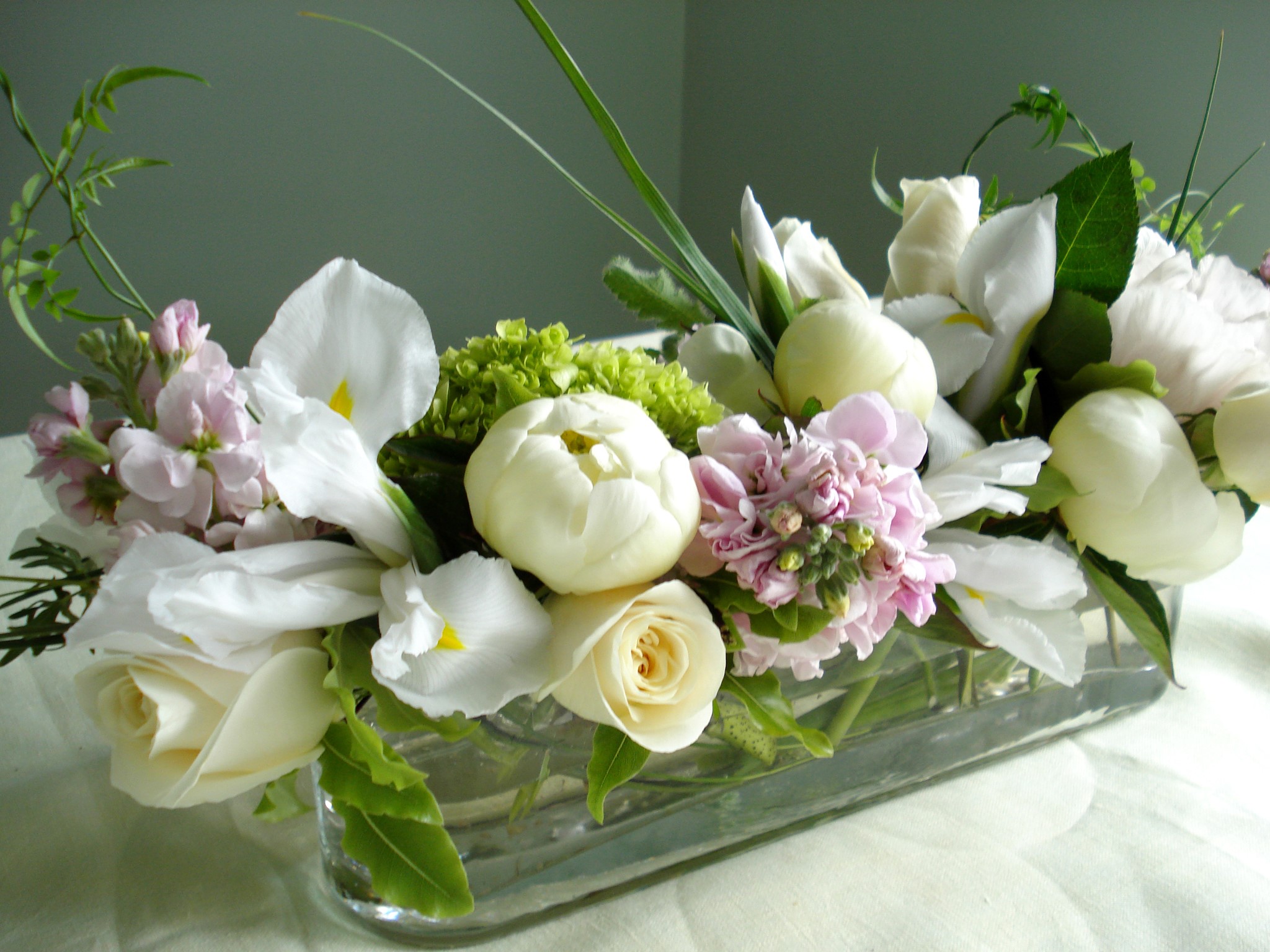White Roses, Irises, and Delphinium in a Glass Vase HD Wallpaper