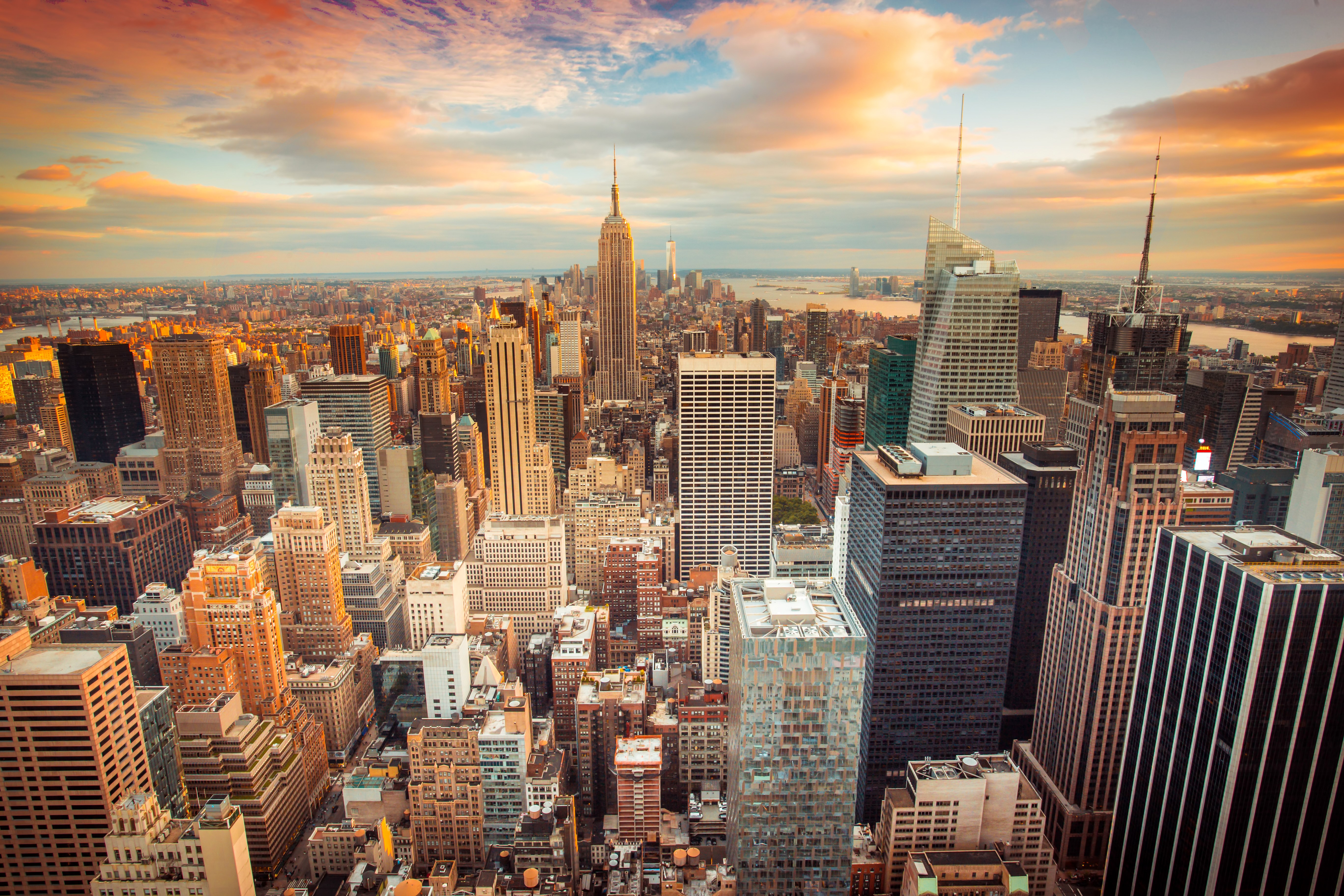 New York City skyscrapers at sunset HD Wallpaper