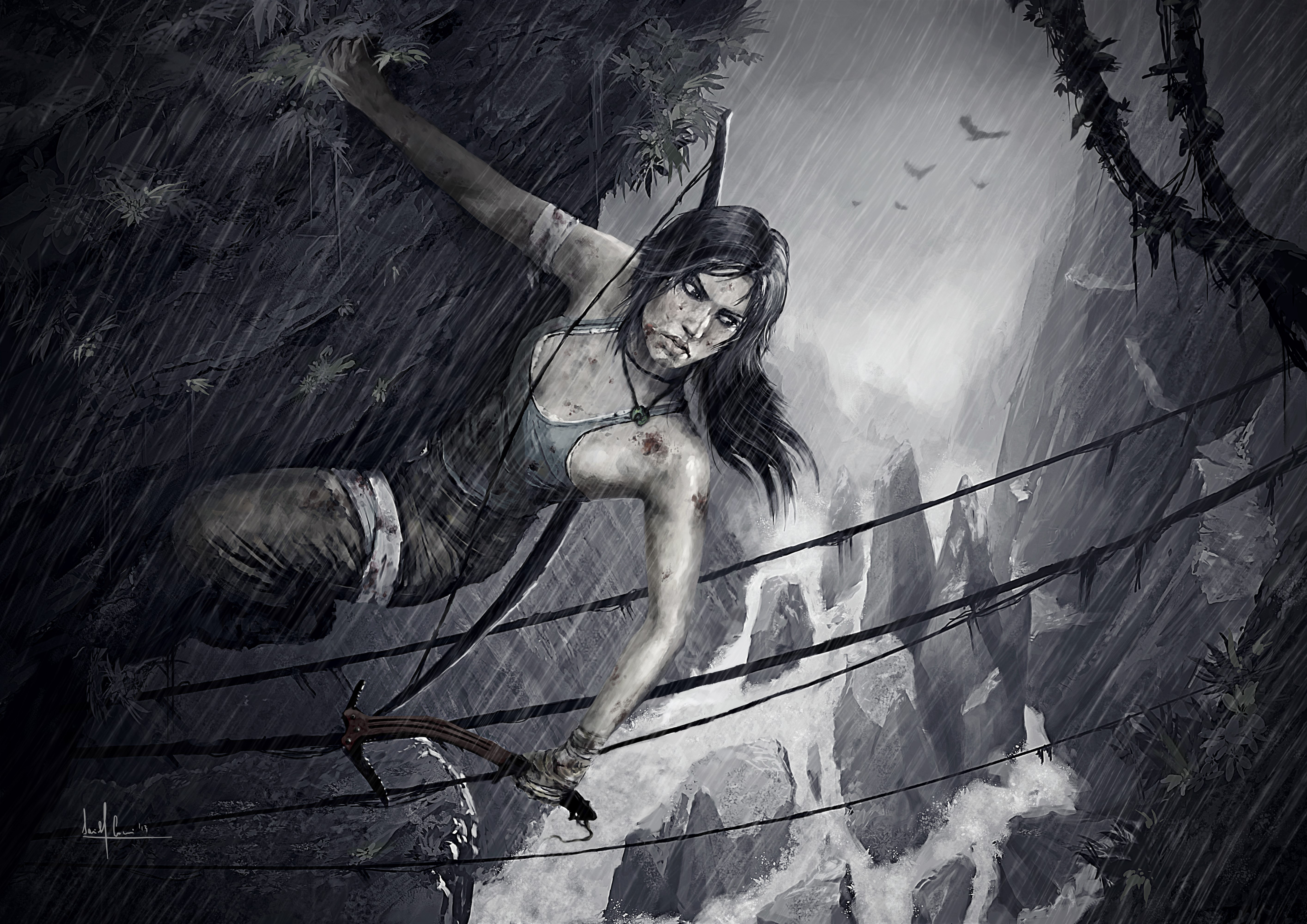 Lara Croft from Tomb Raider 2013 in rain HD Wallpaper