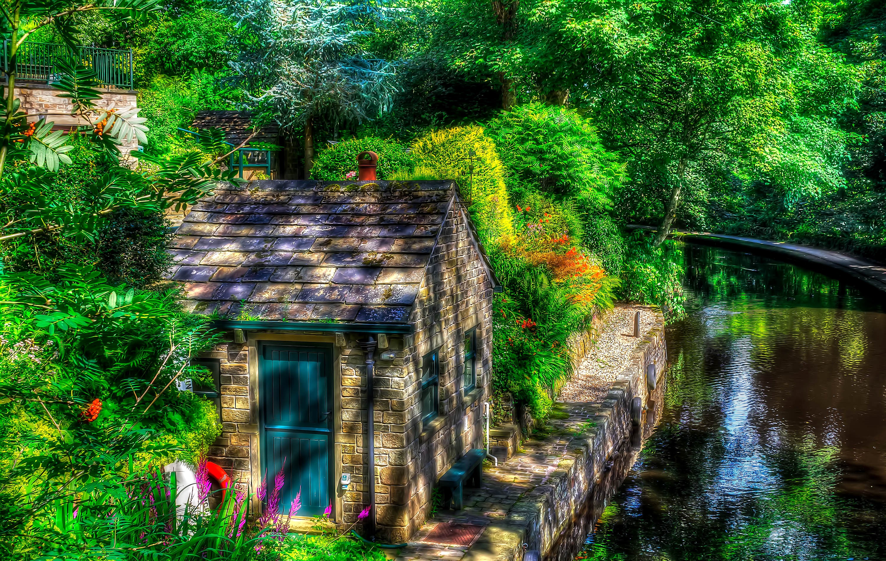 Stone cottage by a canal in Uppermill, England HD Wallpaper
