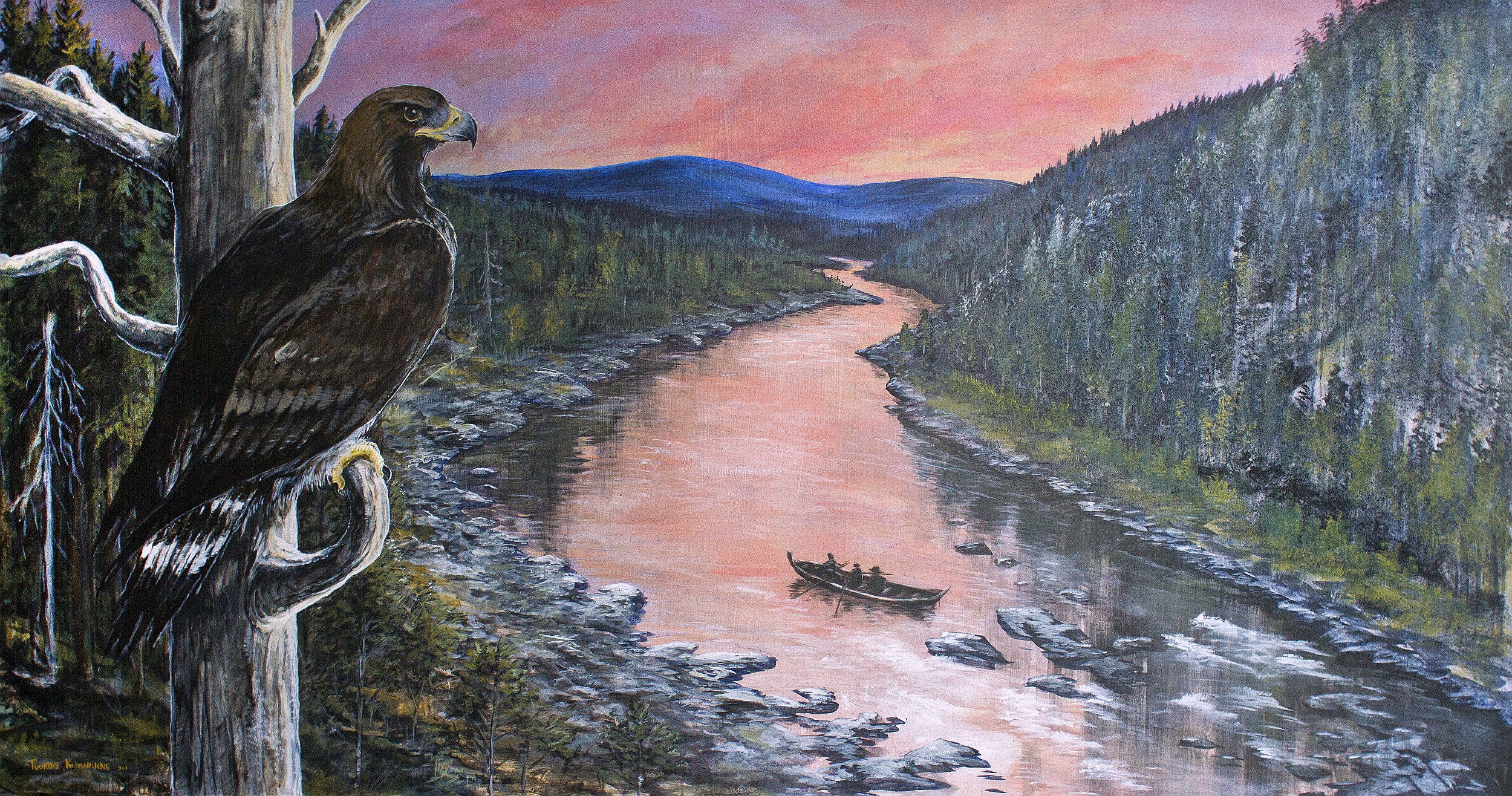 Eagle perched by a river at sunset HD Wallpaper