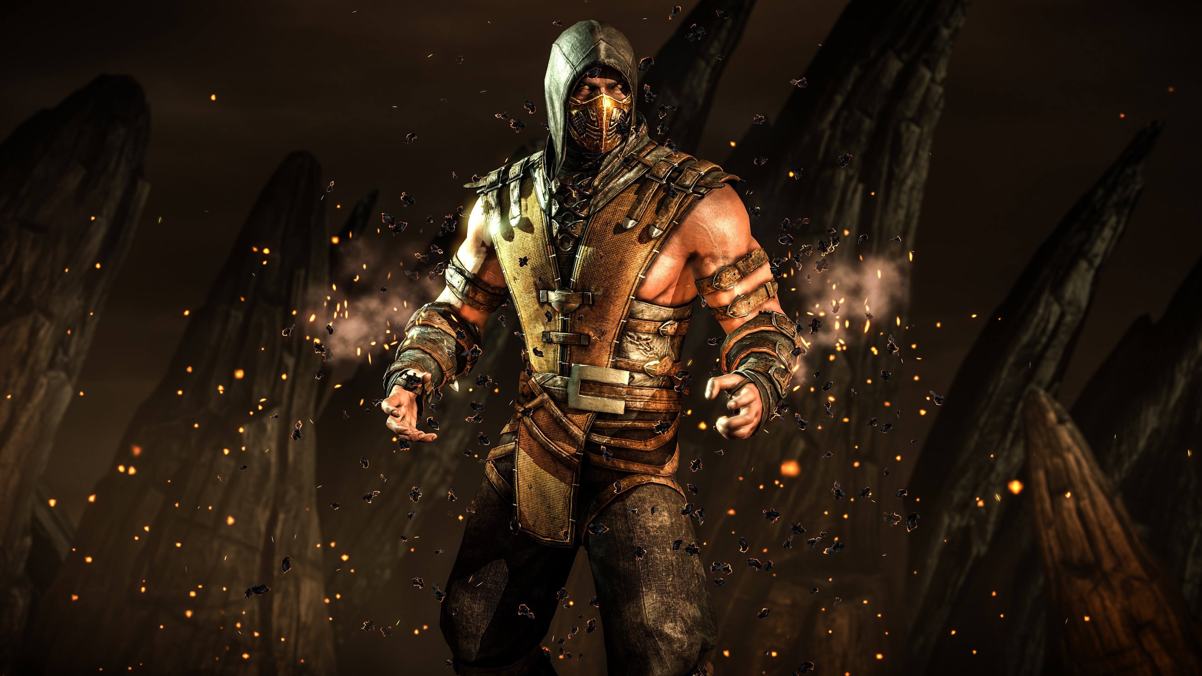 Scorpion from Mortal Kombat in a dark arena HD Wallpaper