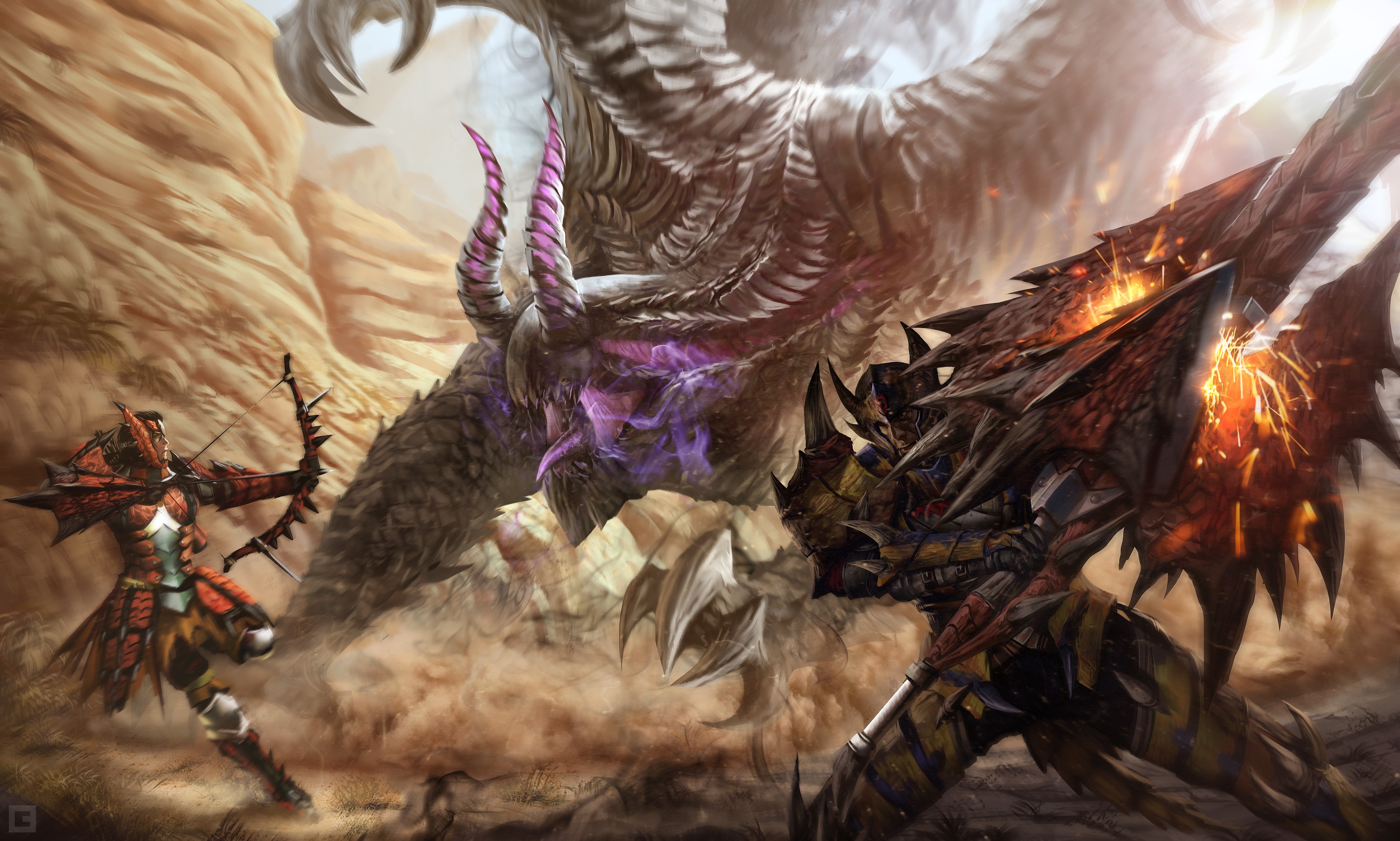 Monster Hunter Dragon Battle with Archer and Warrior HD Wallpaper