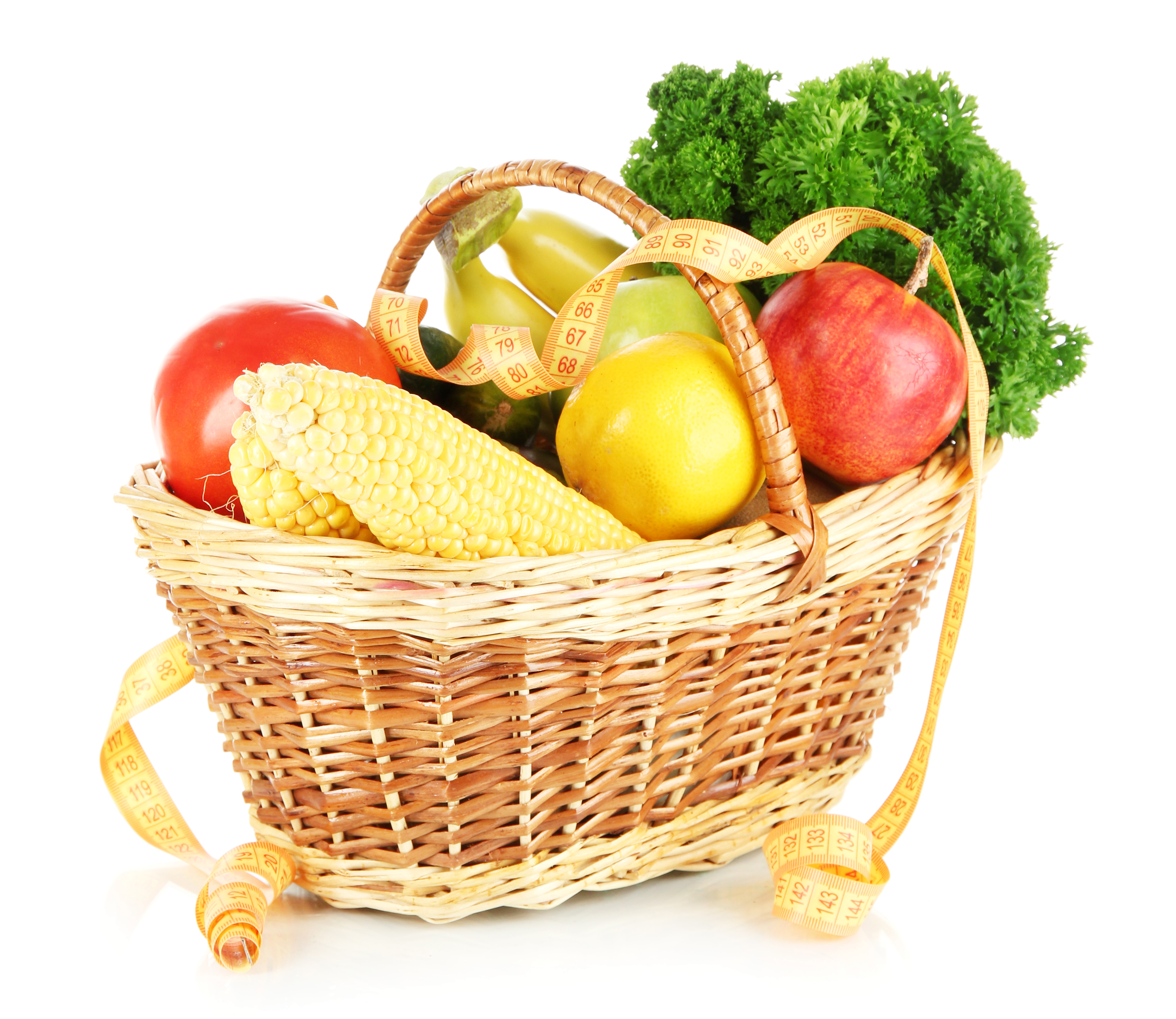 Wicker basket with fruits and vegetables and measuring tape HD Wallpaper