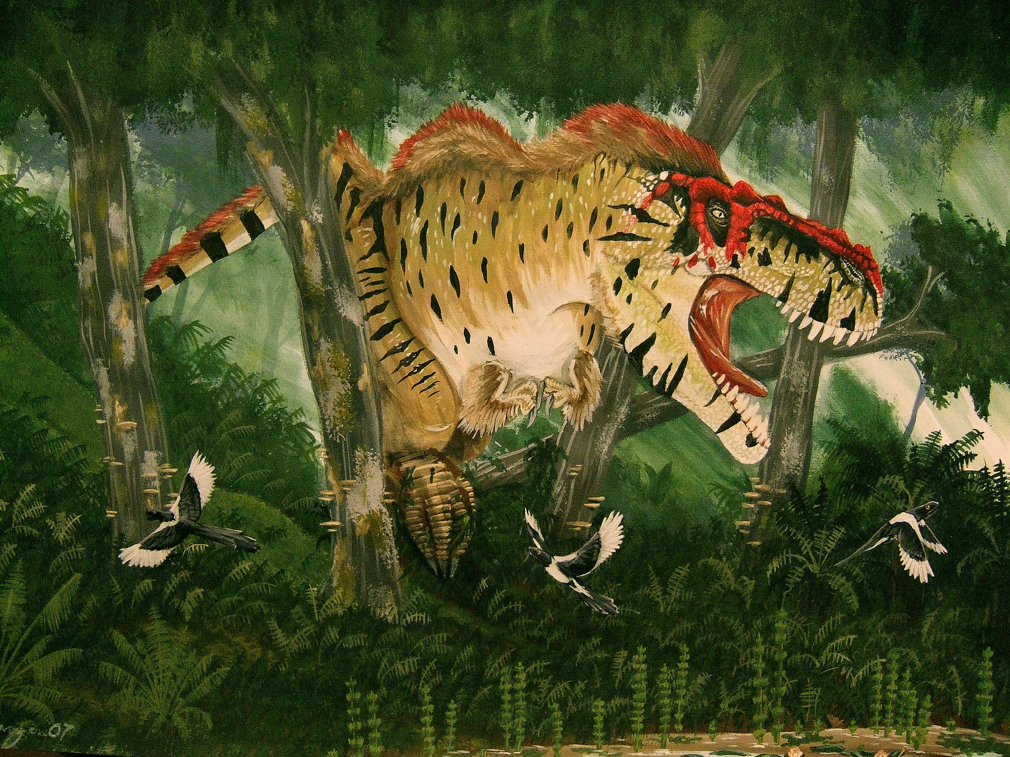 Tyrannosaurus Rex in a Forest with Birds HD Wallpaper