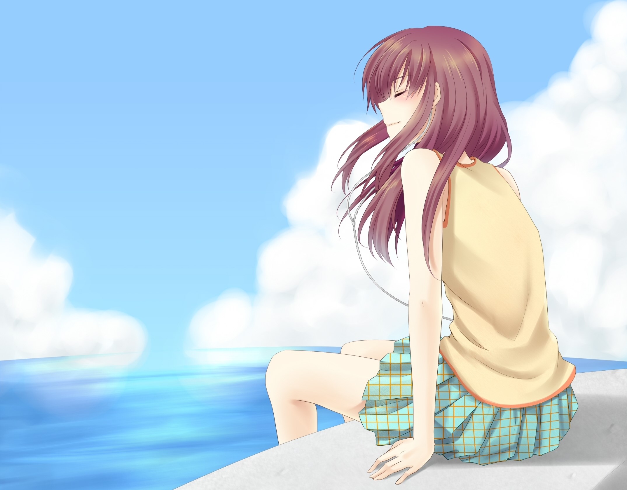 Girl with brown hair sitting by the sea HD Wallpaper