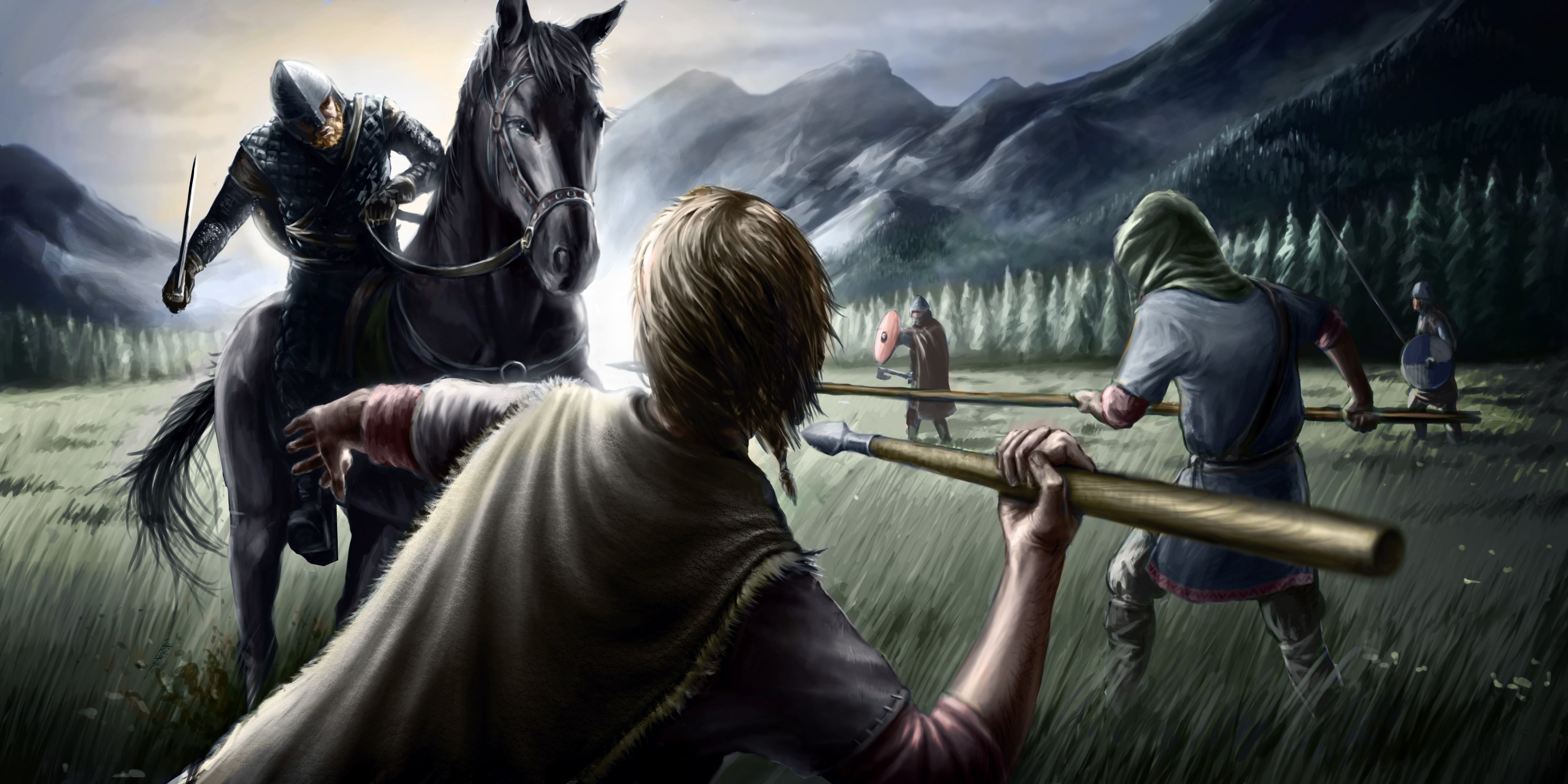 Medieval warriors with spears and horses in a field HD Wallpaper