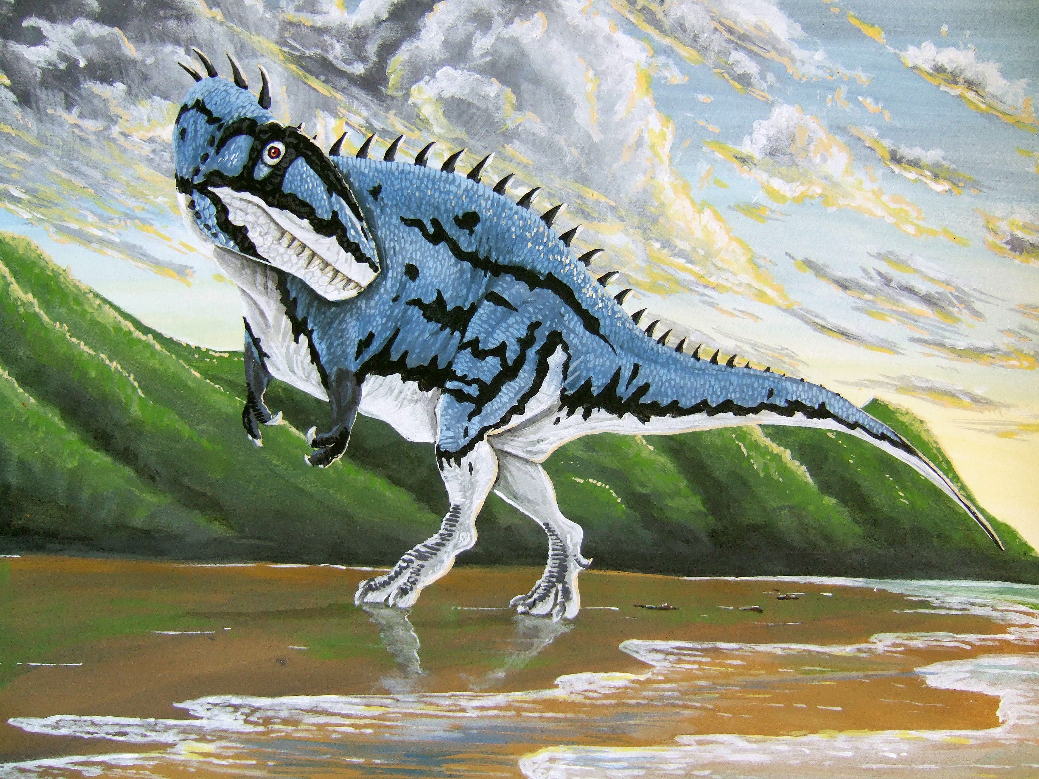 Blue Dinosaur on a Beach at Dawn HD Wallpaper