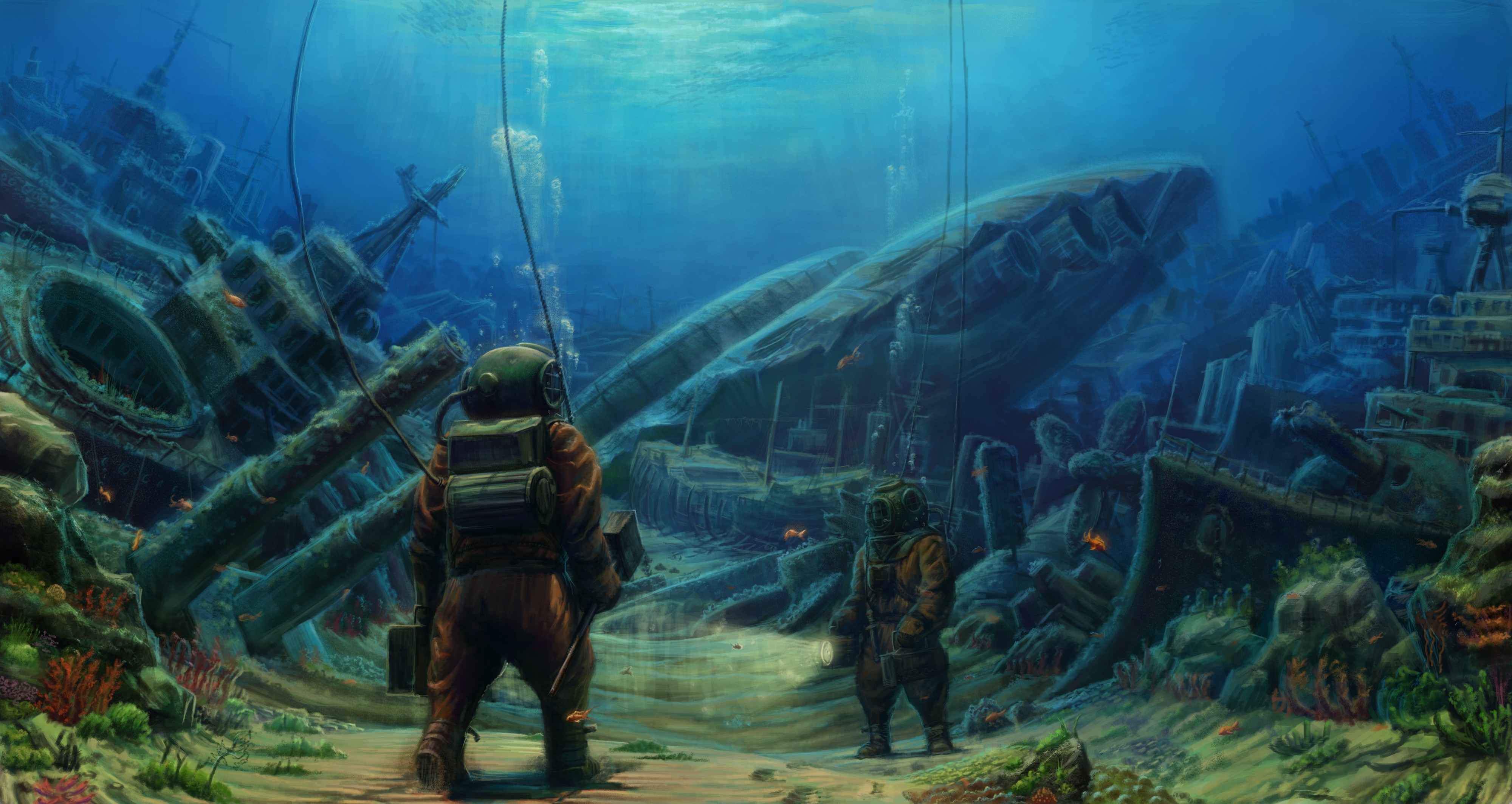4K Underwater Shipwreck with Divers HD Wallpaper