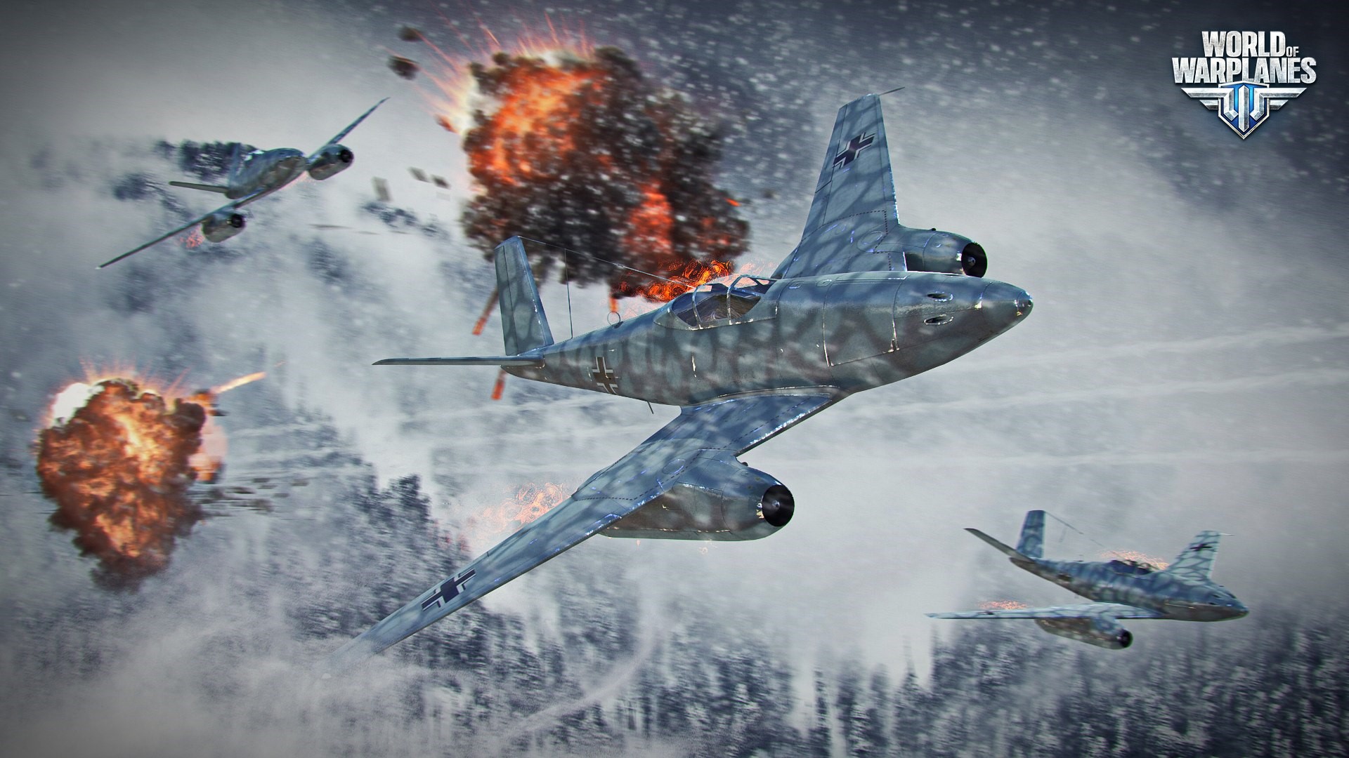 World of Warplanes aerial combat with explosions HD Wallpaper