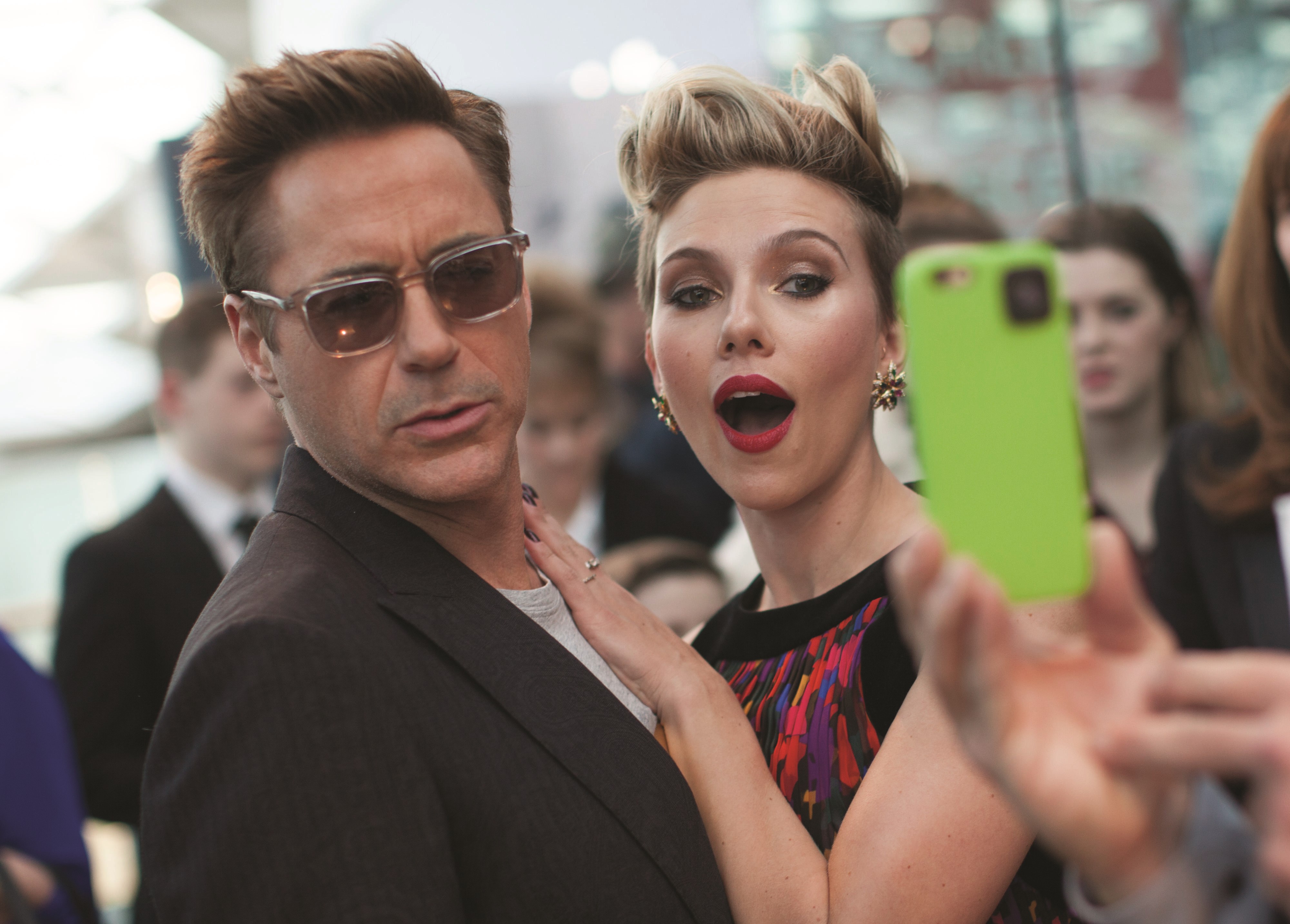 Robert Downey Jr. and Scarlett Johansson at Marvel Premiere HD Wallpaper