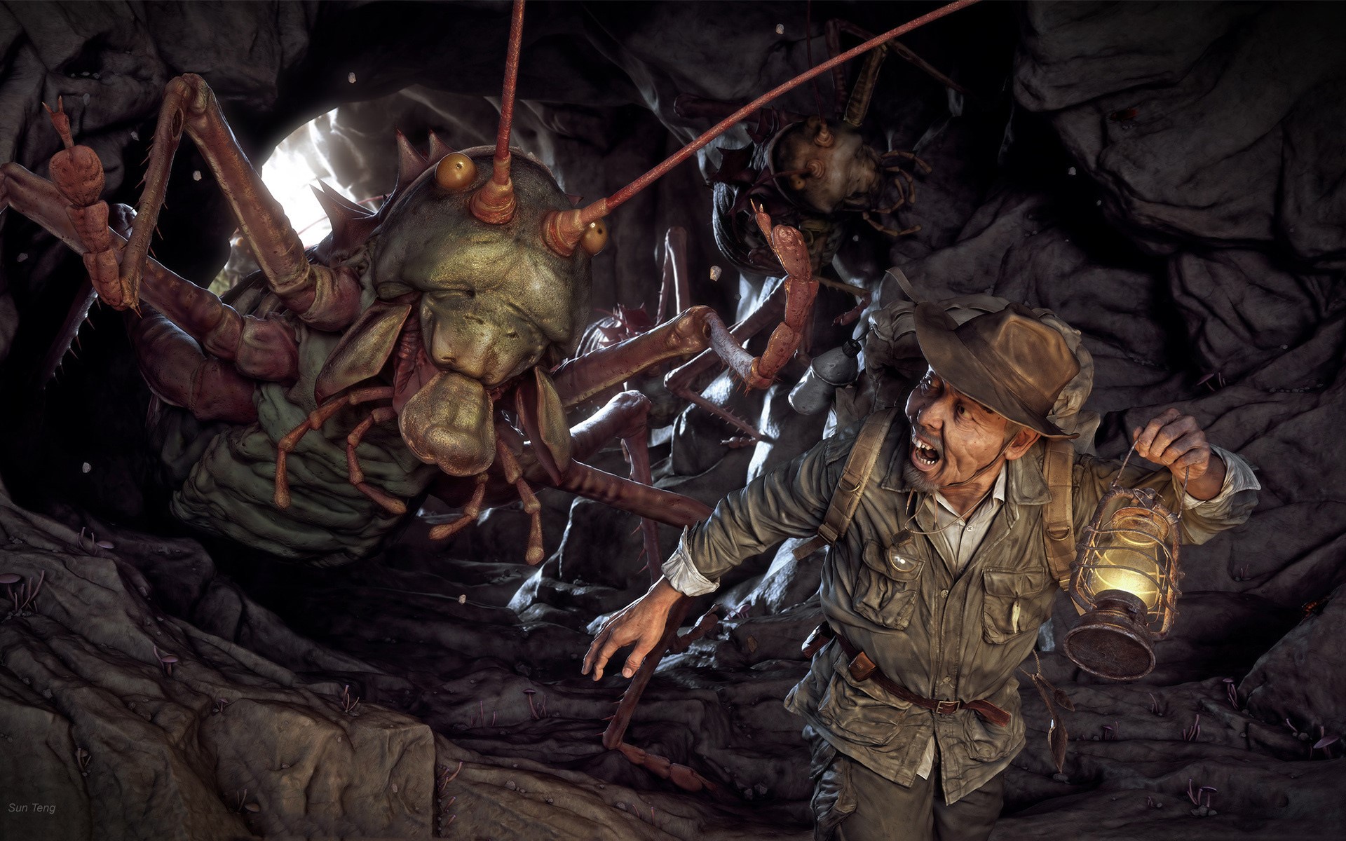 Man encounters giant grasshopper monster in cave HD Wallpaper