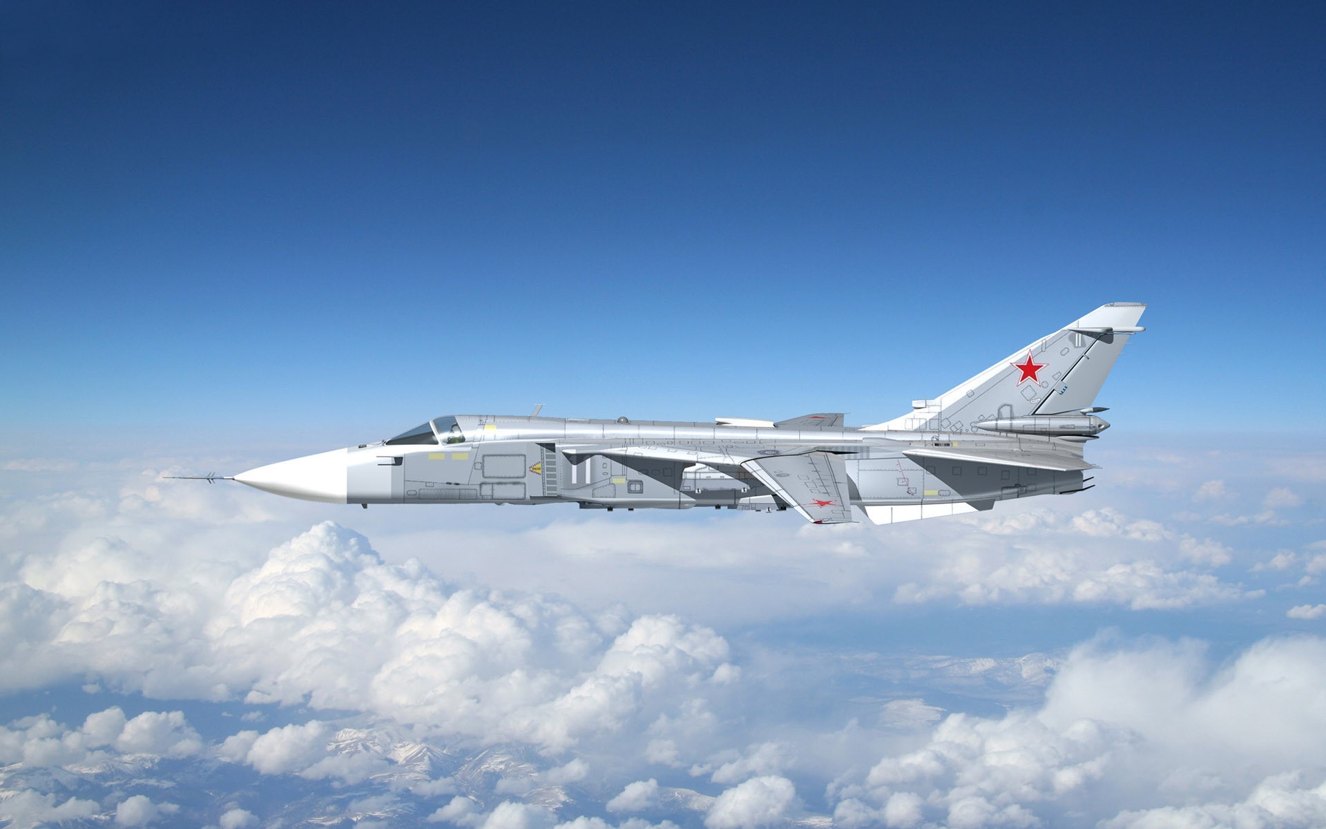 Sukhoi Su-24 fighter jet flying above clouds HD Wallpaper