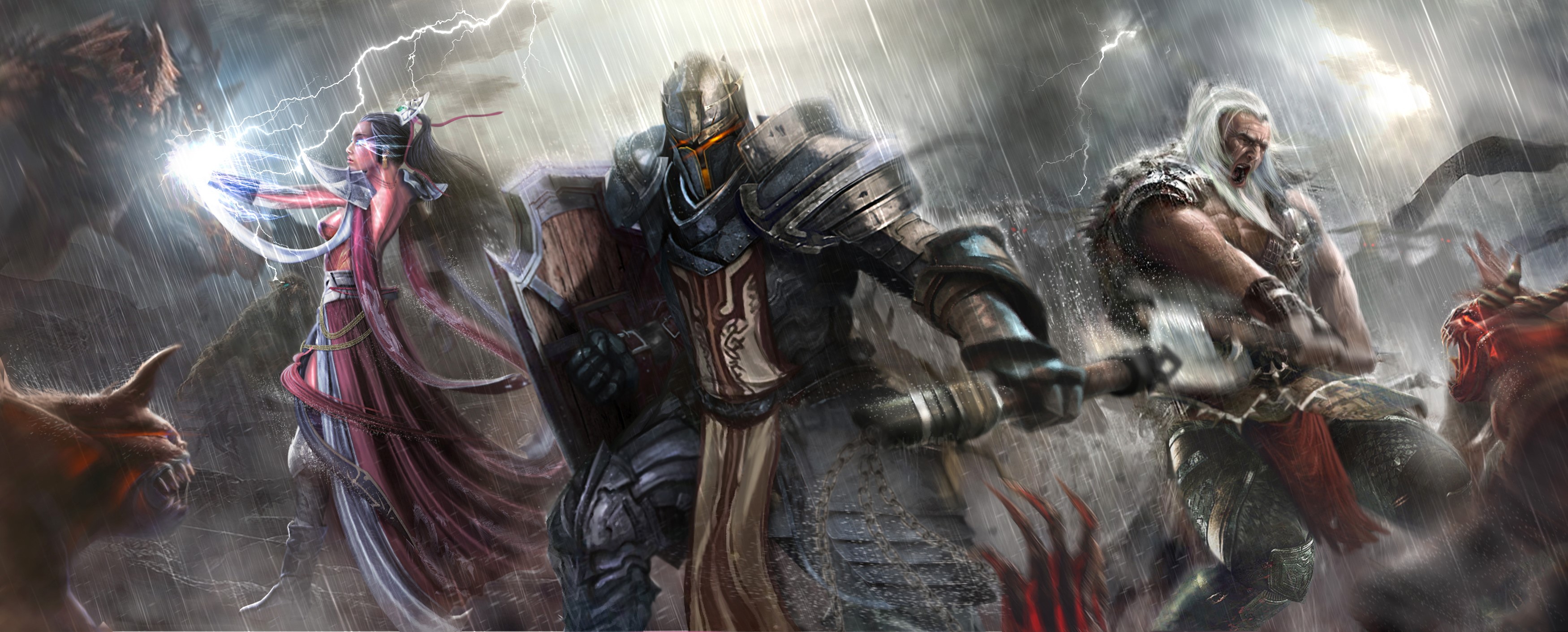 Warriors and Sorceress in a Stormy Battle HD Wallpaper