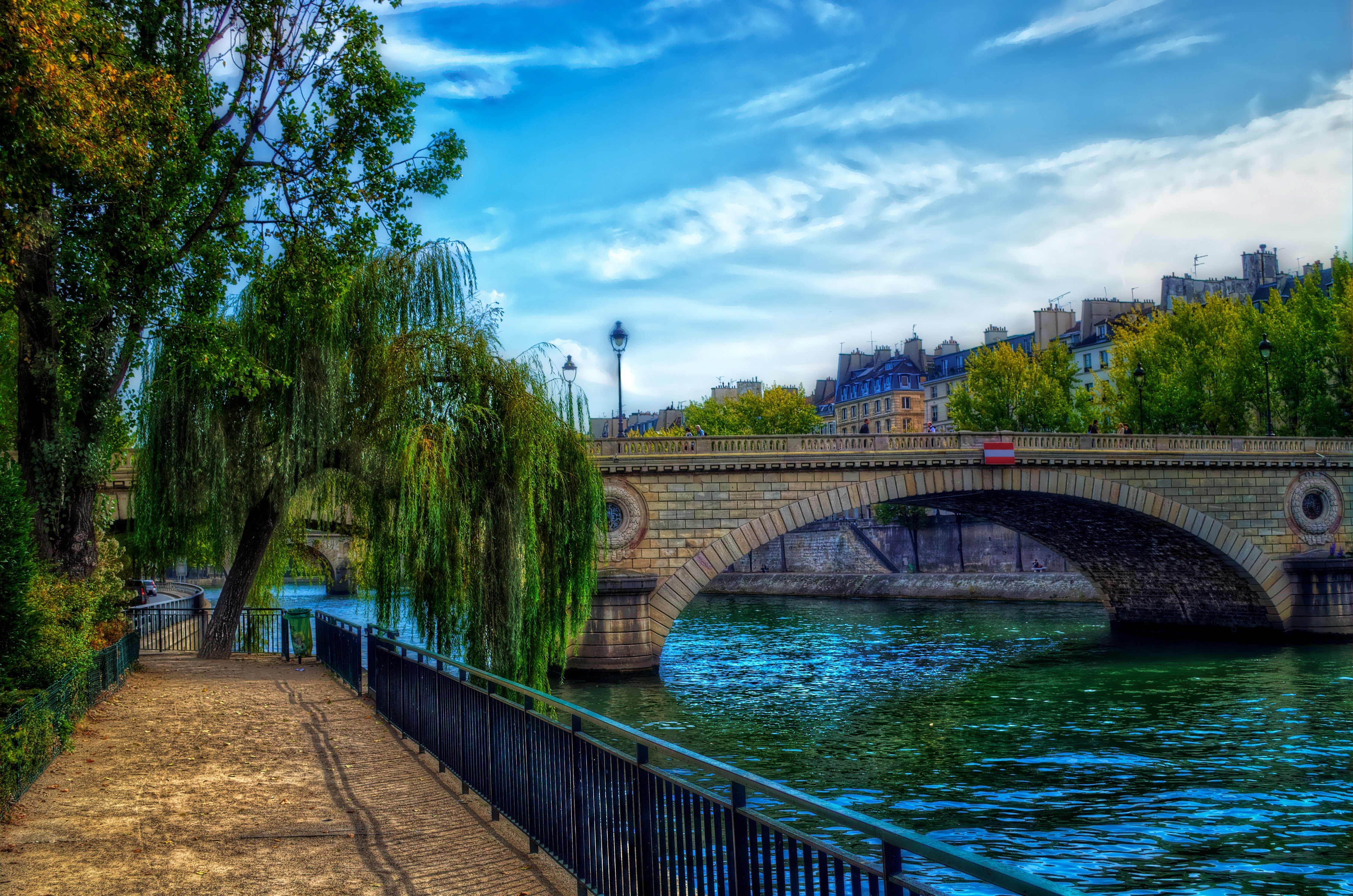 Paris, France: River Seine with Bridge and Trees HD Wallpaper