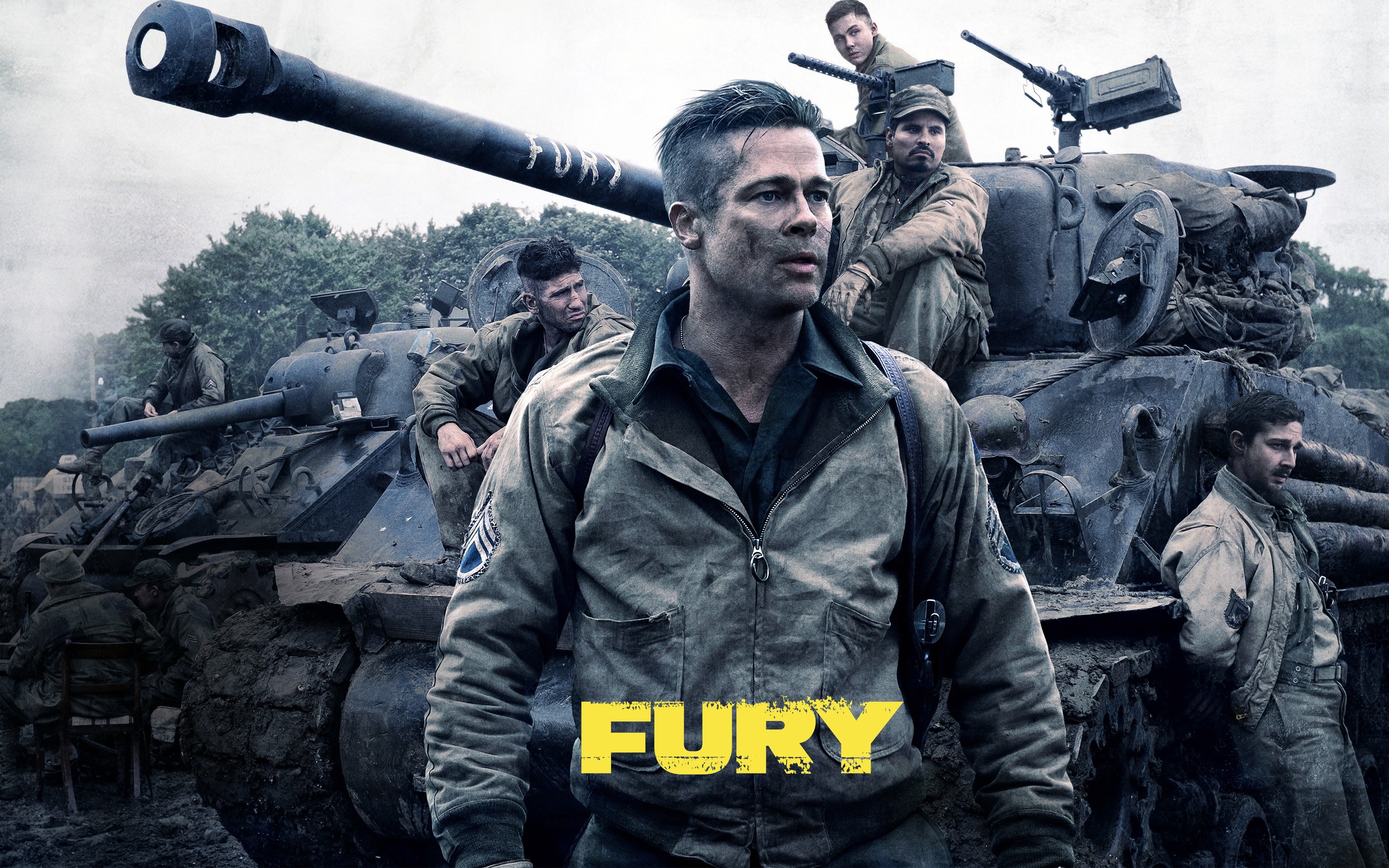 Fury: Brad Pitt and soldiers with M4 Sherman tank HD Wallpaper