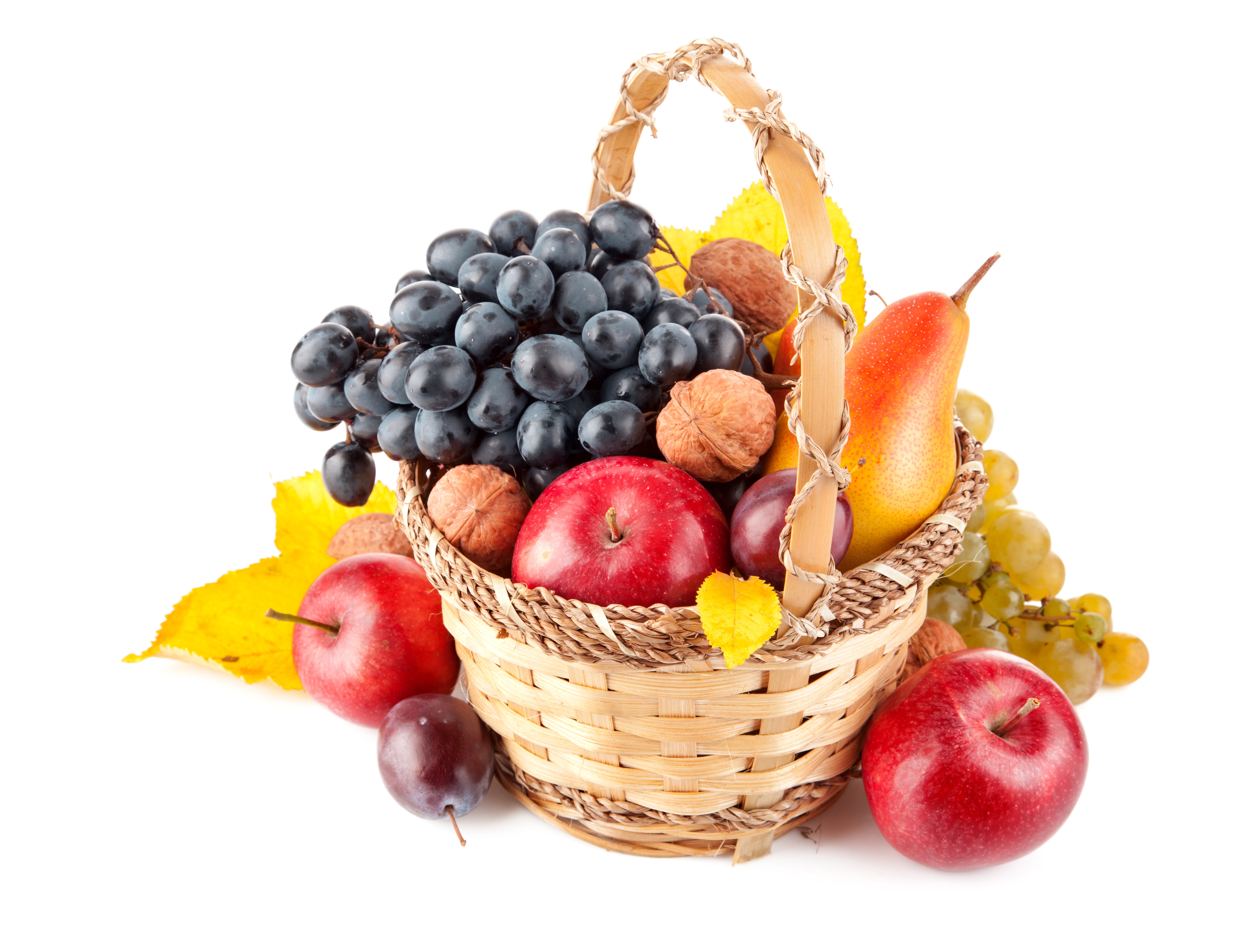 Fruit basket with apples, pears, plums, grapes, and nuts HD Wallpaper
