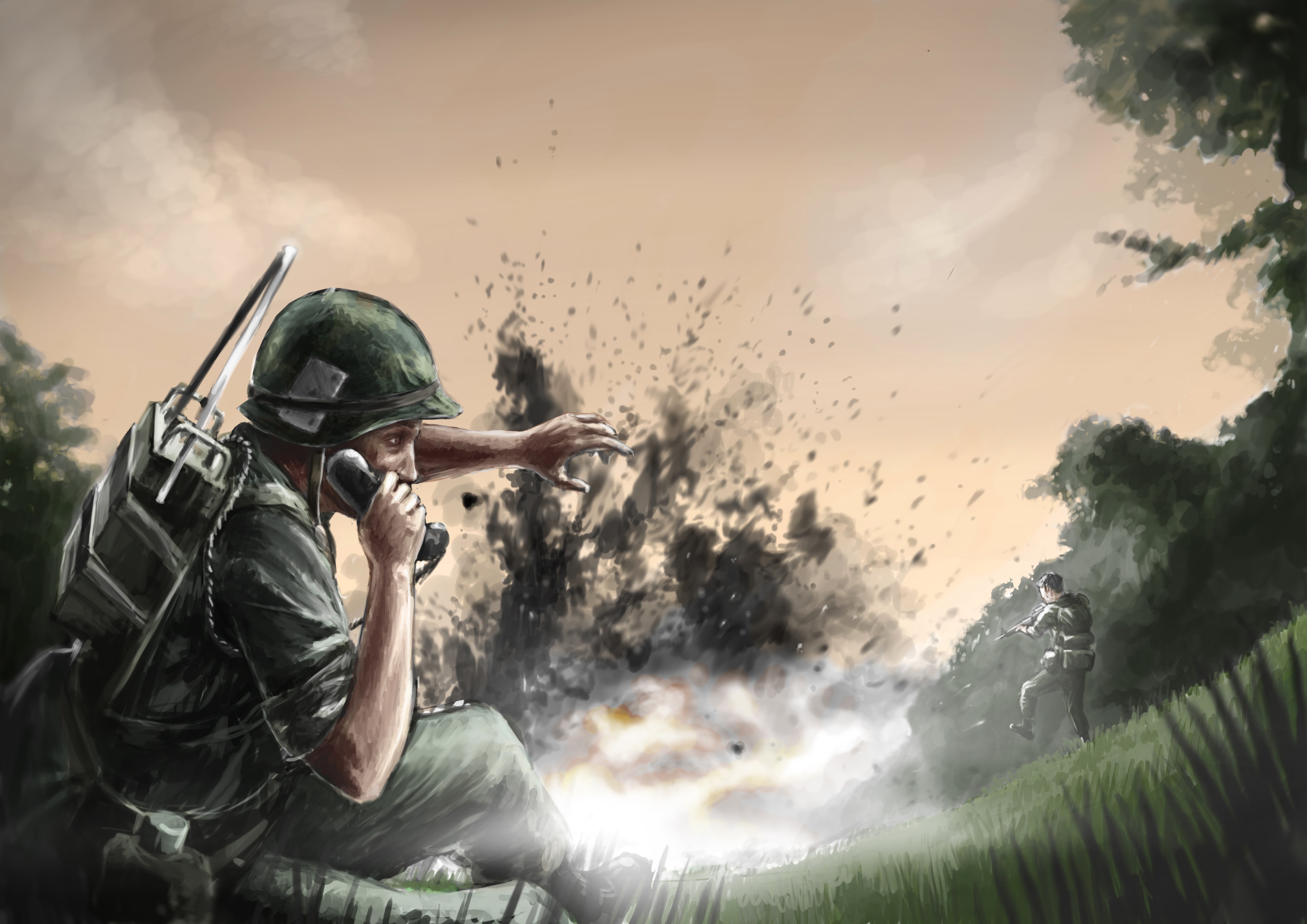 Soldiers in an explosion, painting art HD Wallpaper