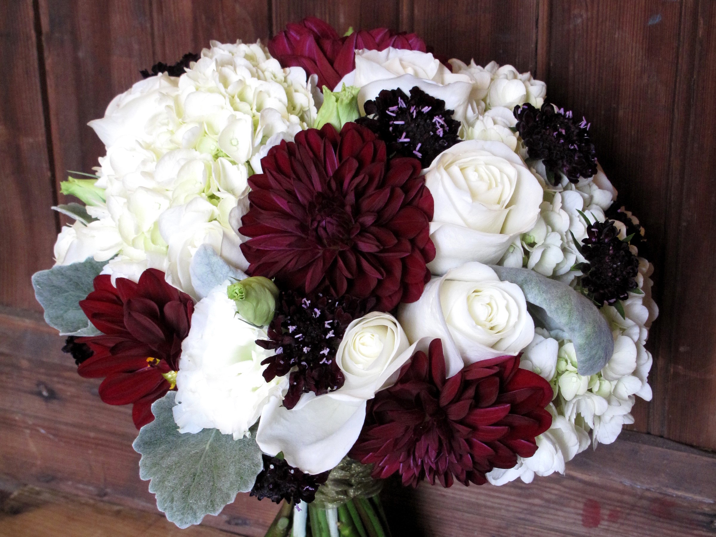 Bouquet of White Hydrangeas, Red Dahlias, and White Roses HD Wallpaper